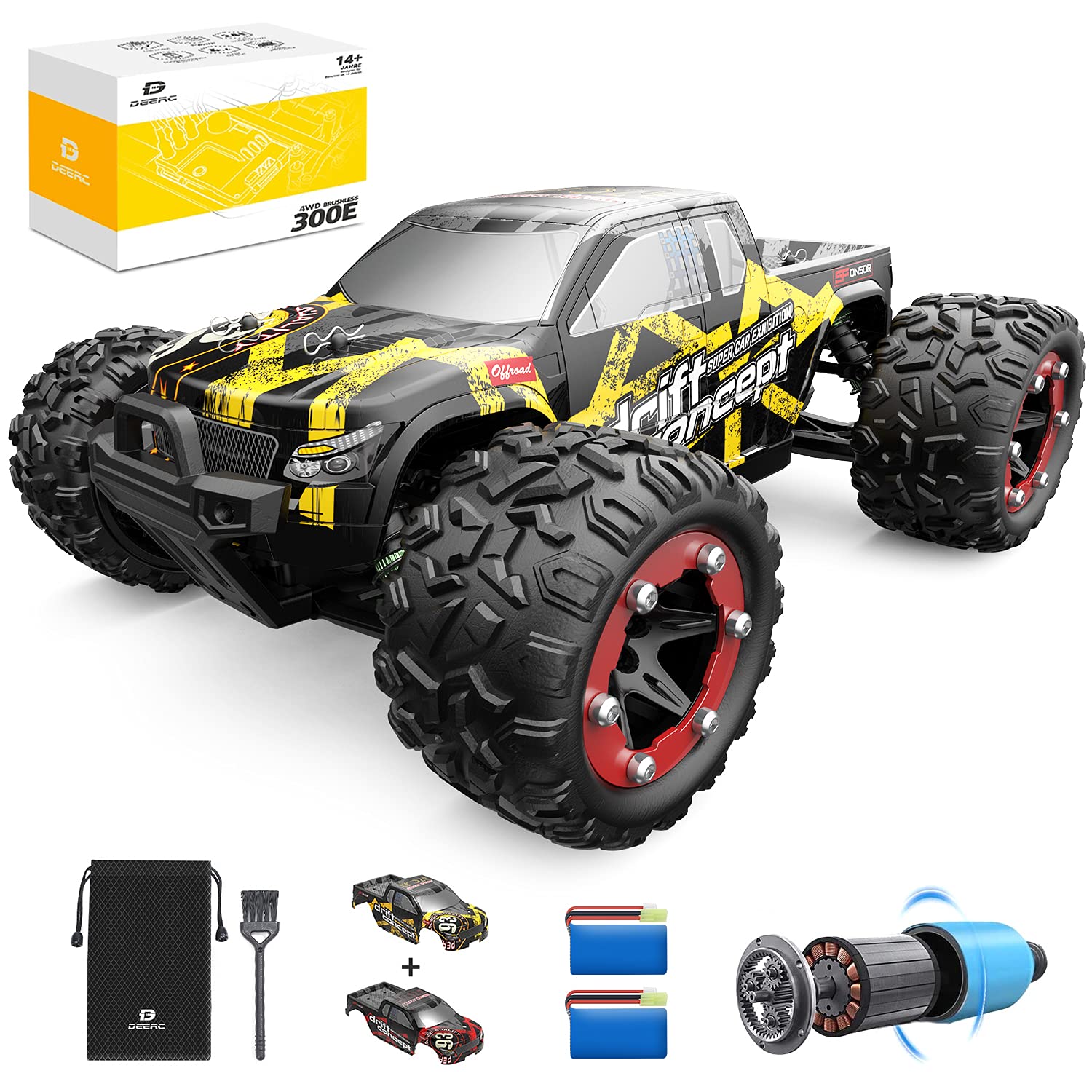 DEERC Brushless RC Cars 300E 60KM/H High Speed Remote Control Car 4WD 1:18 Scale Monster Truck for Kids Adults, All Terrain Off Road Truck with Extra Shell 2 Battery,40+ Min Play Car Gifts for Boys…