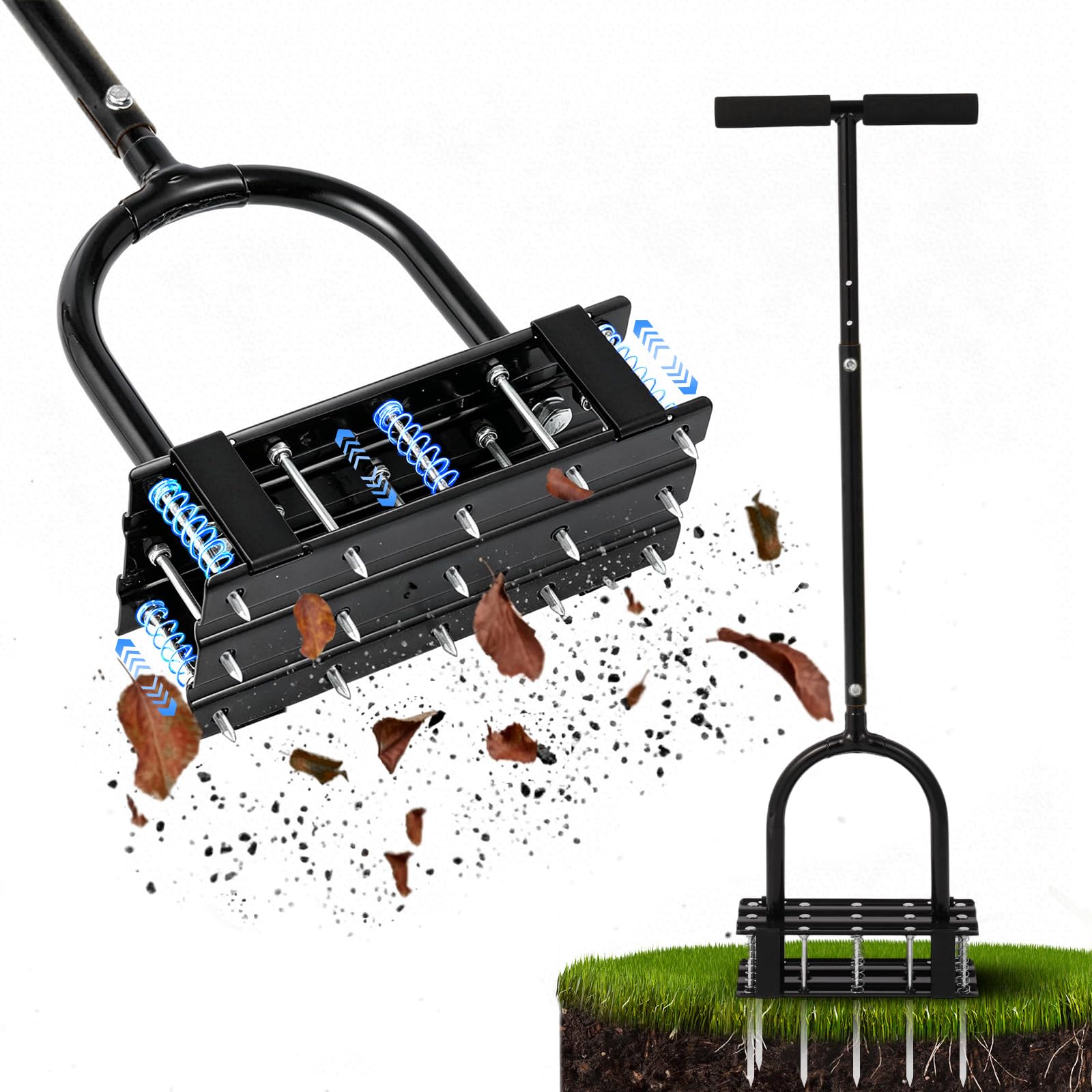 Aireador automático de césped para limpiar la suciedad y las hojas, 15 picos de hierro premontados, herramientas de aireación de césped para patio, césped y jardín, herramienta de aireación de picos