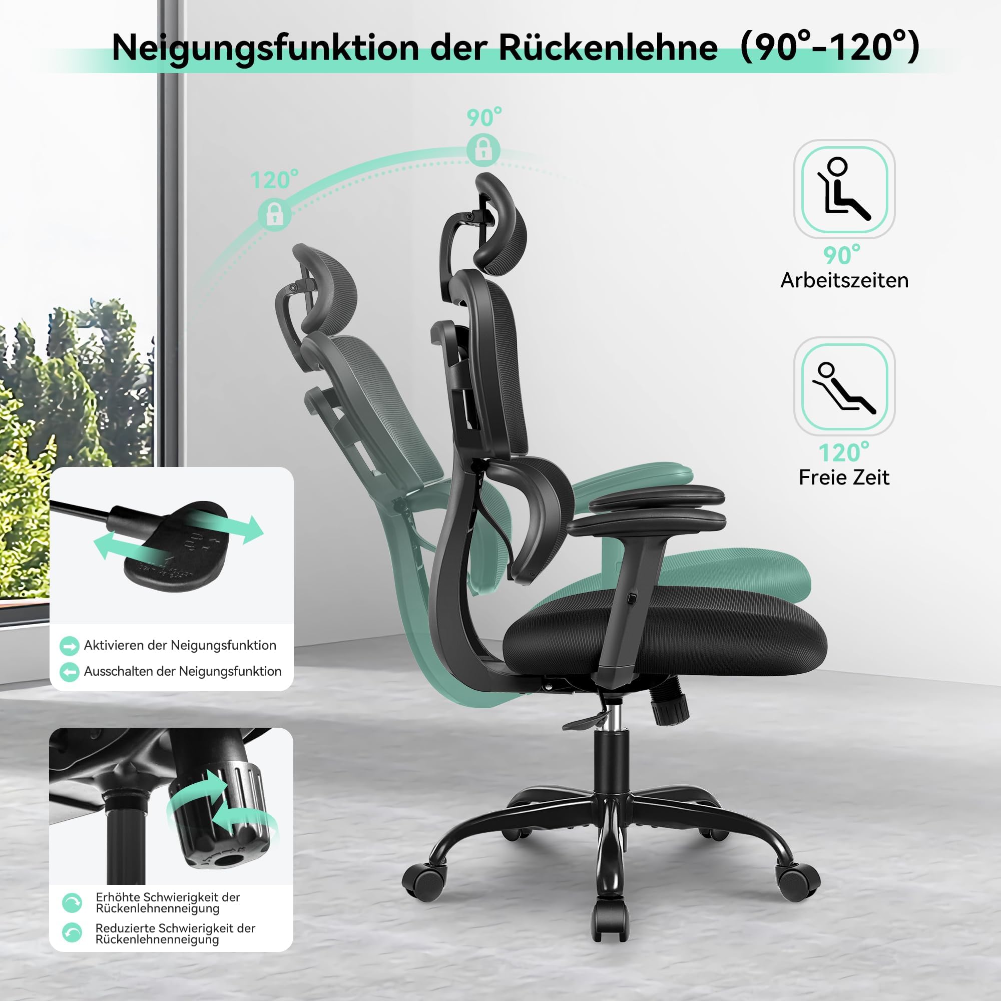 Sedia da ufficio, ergonomica, multifunzionale, in rete, per scrivania, 3D, poggiatesta e braccioli, regolabile in altezza, supporto dinamico, 150 kg, colore: nero