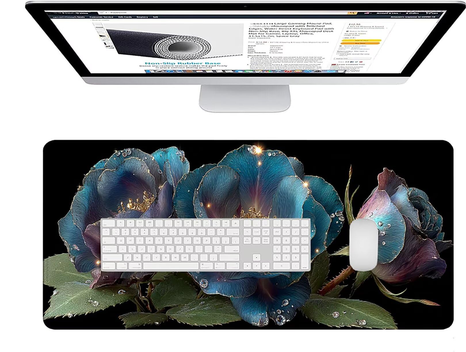 Czarna podkładka pod mysz, duża podkładka pod mysz XXL 1600 x 800 x 3 mm kwiat pod ręką biurko, podkładka pod mysz do klawiatury i biura, z przeszytymi krawędziami i antypoślizgowym tyłem do dekoracji