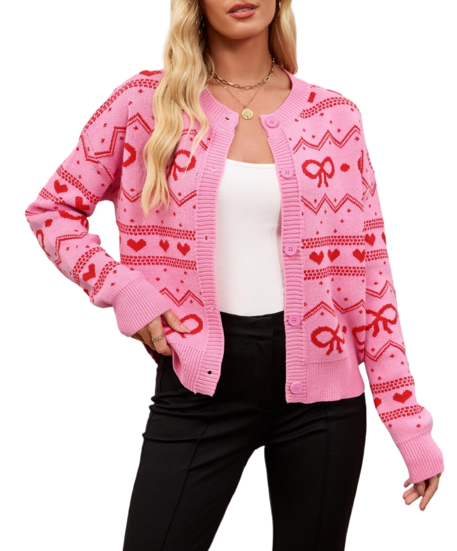 Valentine's Day Cardigan for Women Kawaii Cute Bow Heart Love Pattern Knitted Cropped Button Up Sweater Trendy Tops-image-29