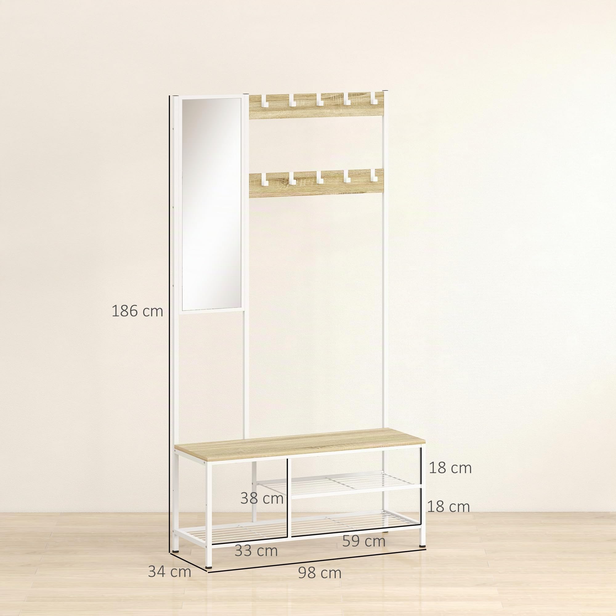 HOMCOM Perchero Zapatero con Espejo, 4 en 1, 98x34x186 cm, Madera Natural | Perchero Entrada Recibidor, 3 Estantes, Banco, 10 Ganchos Ajustables, Estilo Moderno, para Pasillo, Dormitorio, Salón