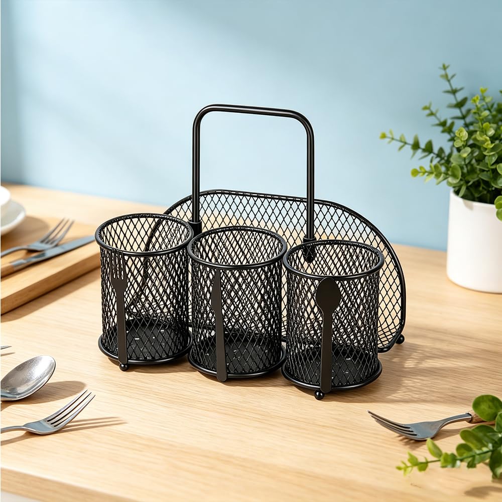 Generisch Metallgestell-Besteckhalter und Halterung, Küchenutensilienhalter, Besteckkorb, Aufbewahrungsgestell für Gabeln, Löffel und Messer (Schwarz, Groß)