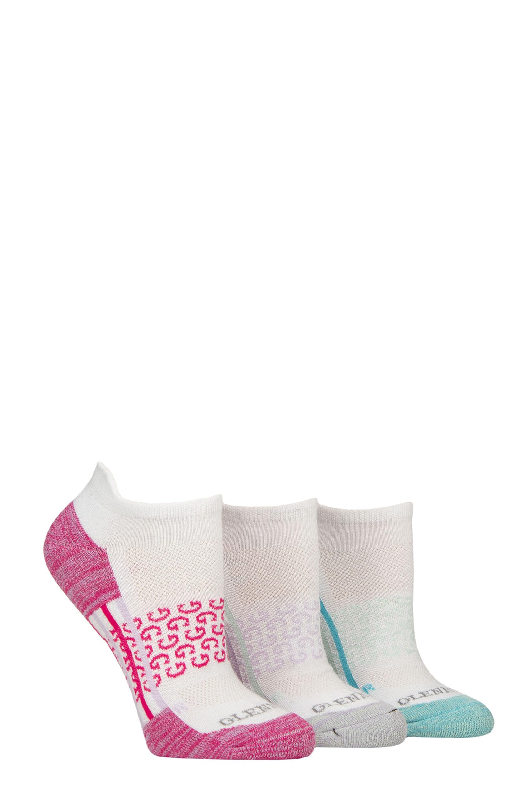Glenmuir Women's Sport Trainer Socks - Technical, Short, Low, Ankle High, Half Cushioned, Breathable, Gym, Sport, Fitness, 3 Pair Multipack Size 4-8 White Pink/Blue