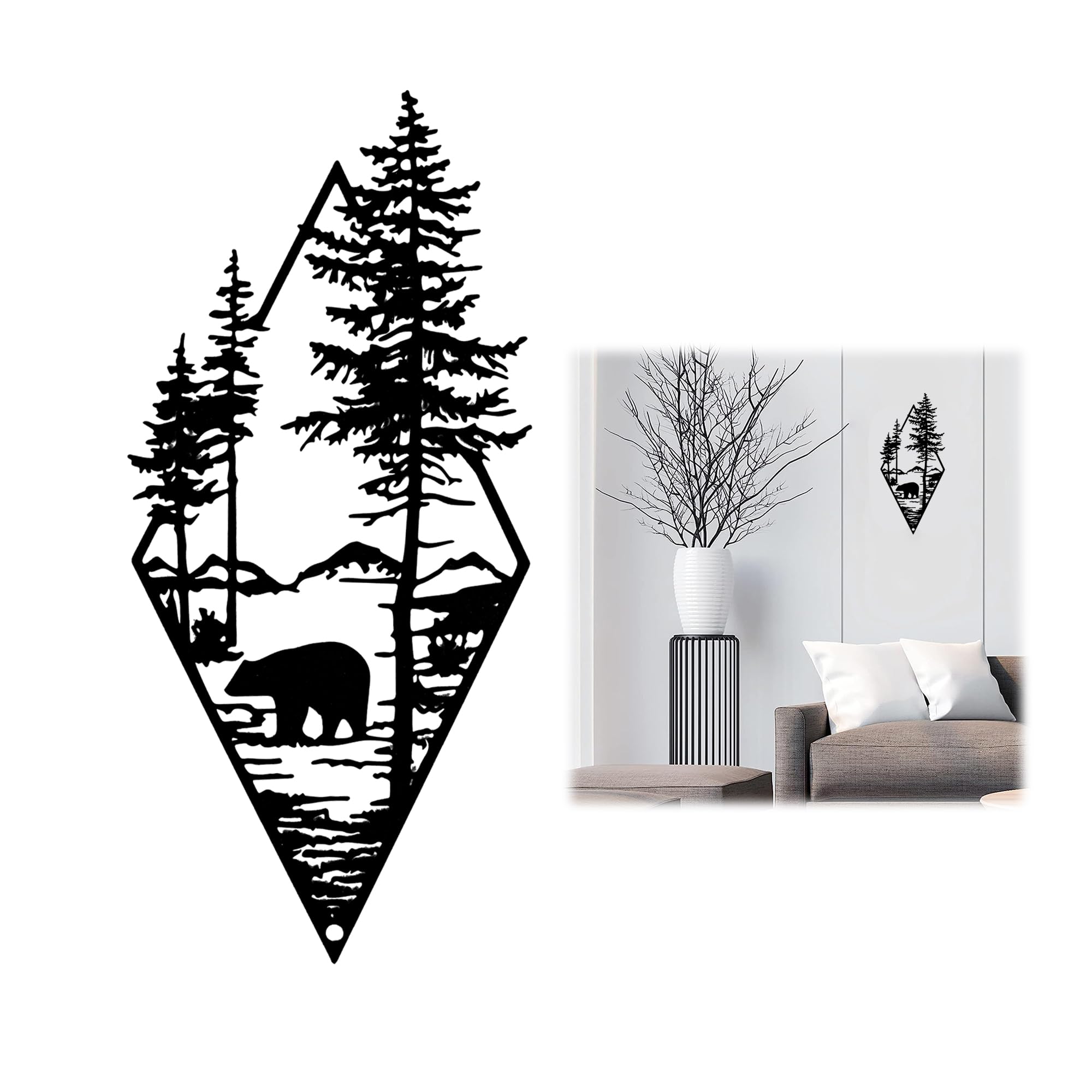 momgyaamz Decoracion Pared, Decoración Pared de Metal, Adornos Pared Moderno, Decoracion Pared Salon Artístico, Decoracion Pared Metal para Interior/Exterior y Jardín, Bosque y Oso, Negro, 1 Pieza