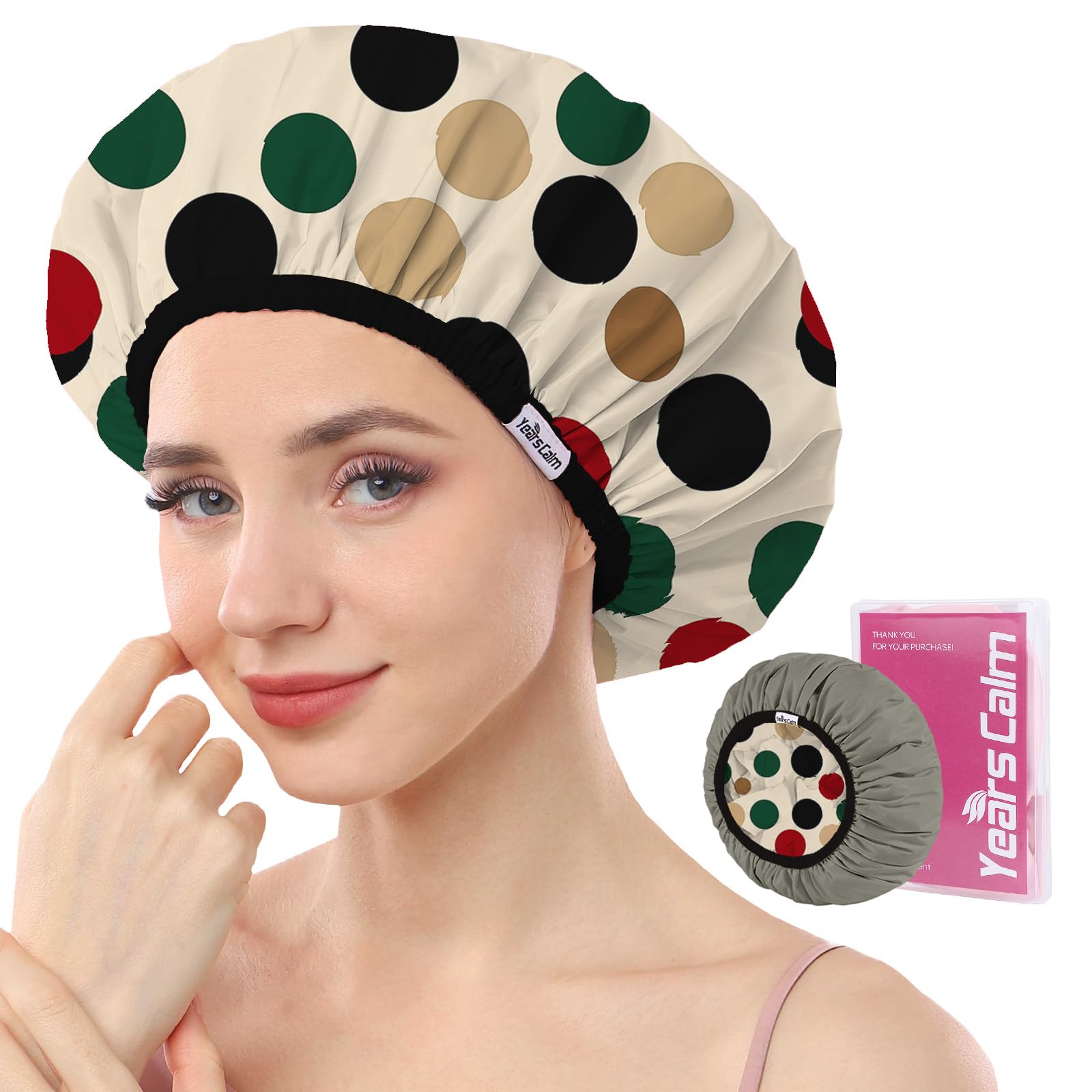 Years calm Bonnet de douche de luxe pour femme réutilisable et imperméable – Bonnet de bain double couche à pois avec élastique réglable pour tresses et cheveux longs, confortable et élégant