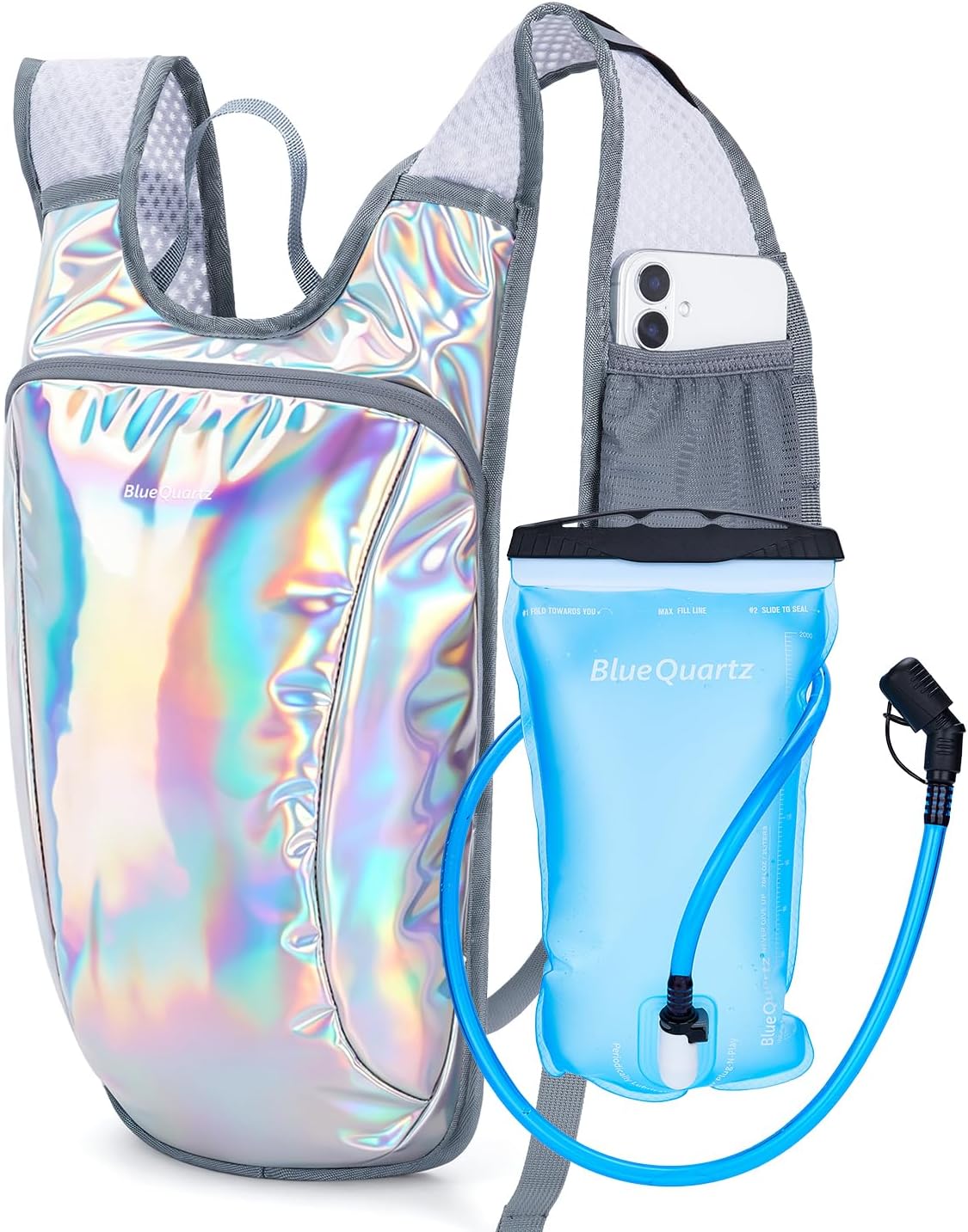 Blue Quartz Rave Hydration Backpack, Reflective Hiking Pack with 2L Water Bladder & Phone Pocket, Hydro Pack with Insulated Compartment for Festival Running Cycling for Men Women