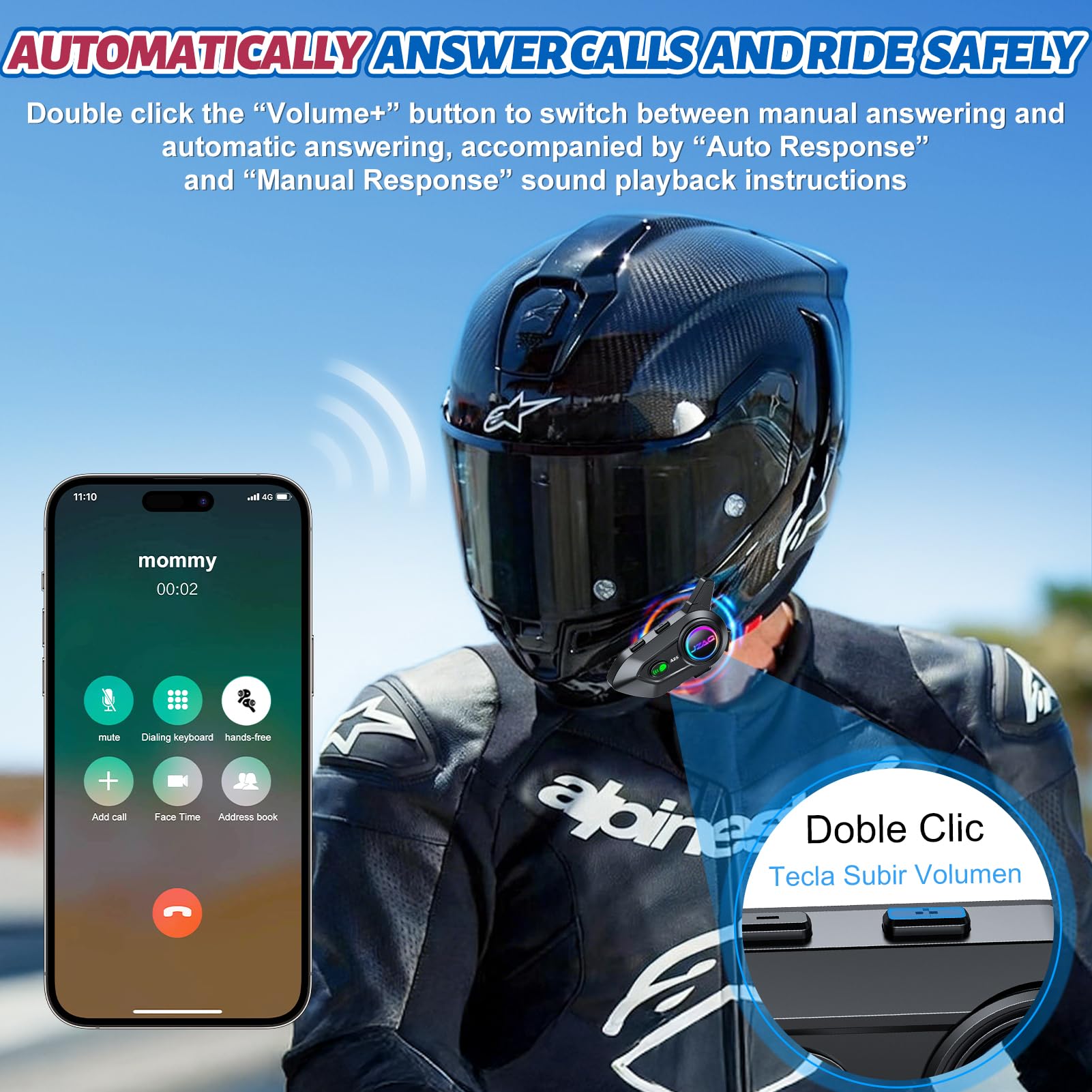 Altoparlanti e citofono Bluetooth per casco – Sistema di comunicazione con cancellazione del rumore a 2 piloti per moto, 1000 mAh