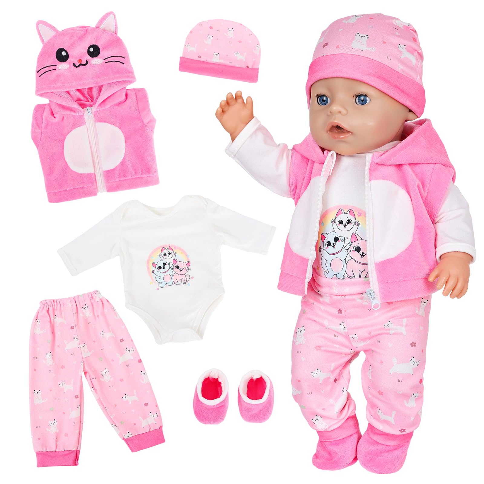 5Pcs Cute Cat Baby Doll Clothes for 14-18inch Baby Dolls Pink Dolls Clothes