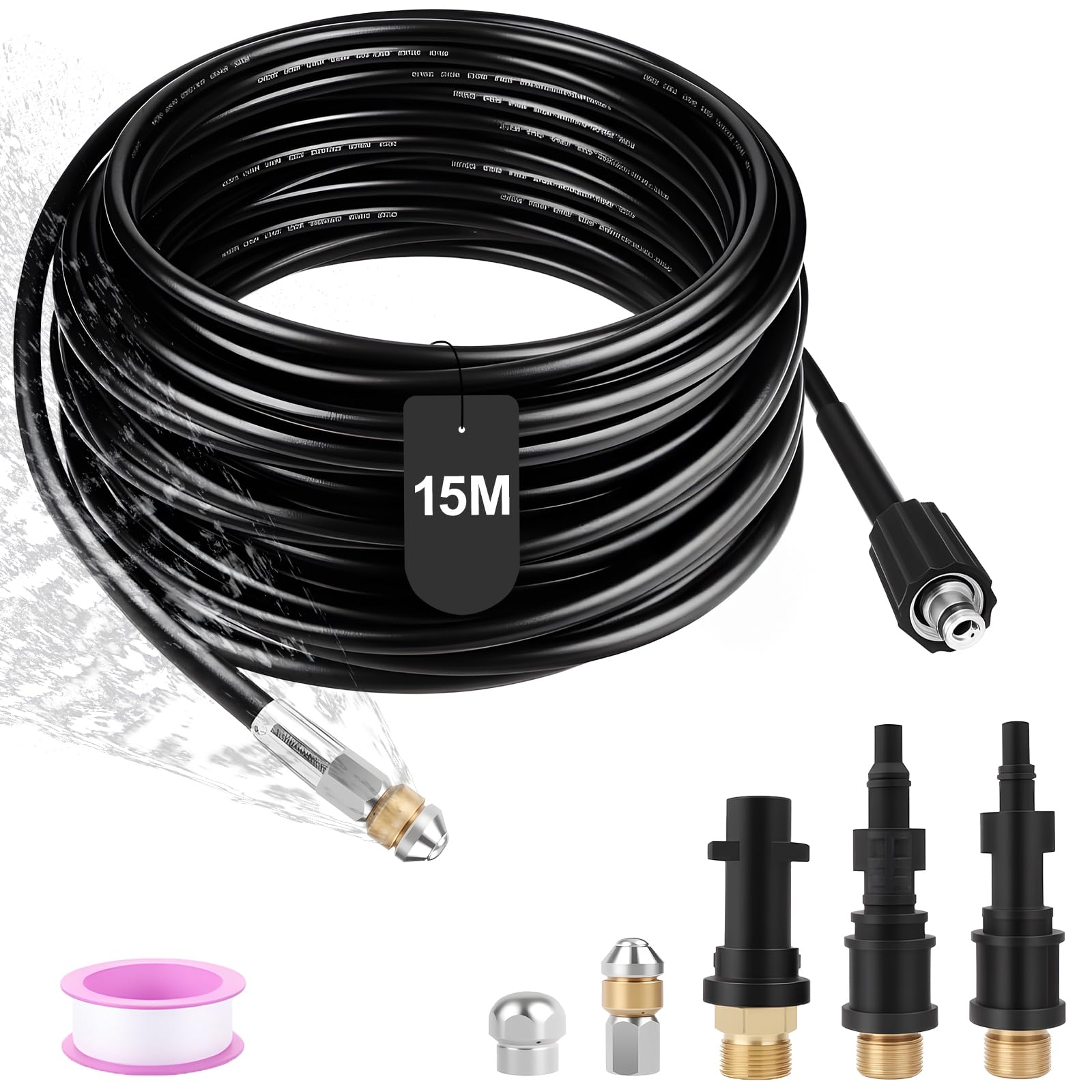 Tubo di sbocco 15 m per tubo con 3 adattatori e 2 ugelli | Tubo flessibile ad alta pressione per Karcher e Lavor, pulitore antitappo, adatto per canalizzazioni, condotti e scarichi