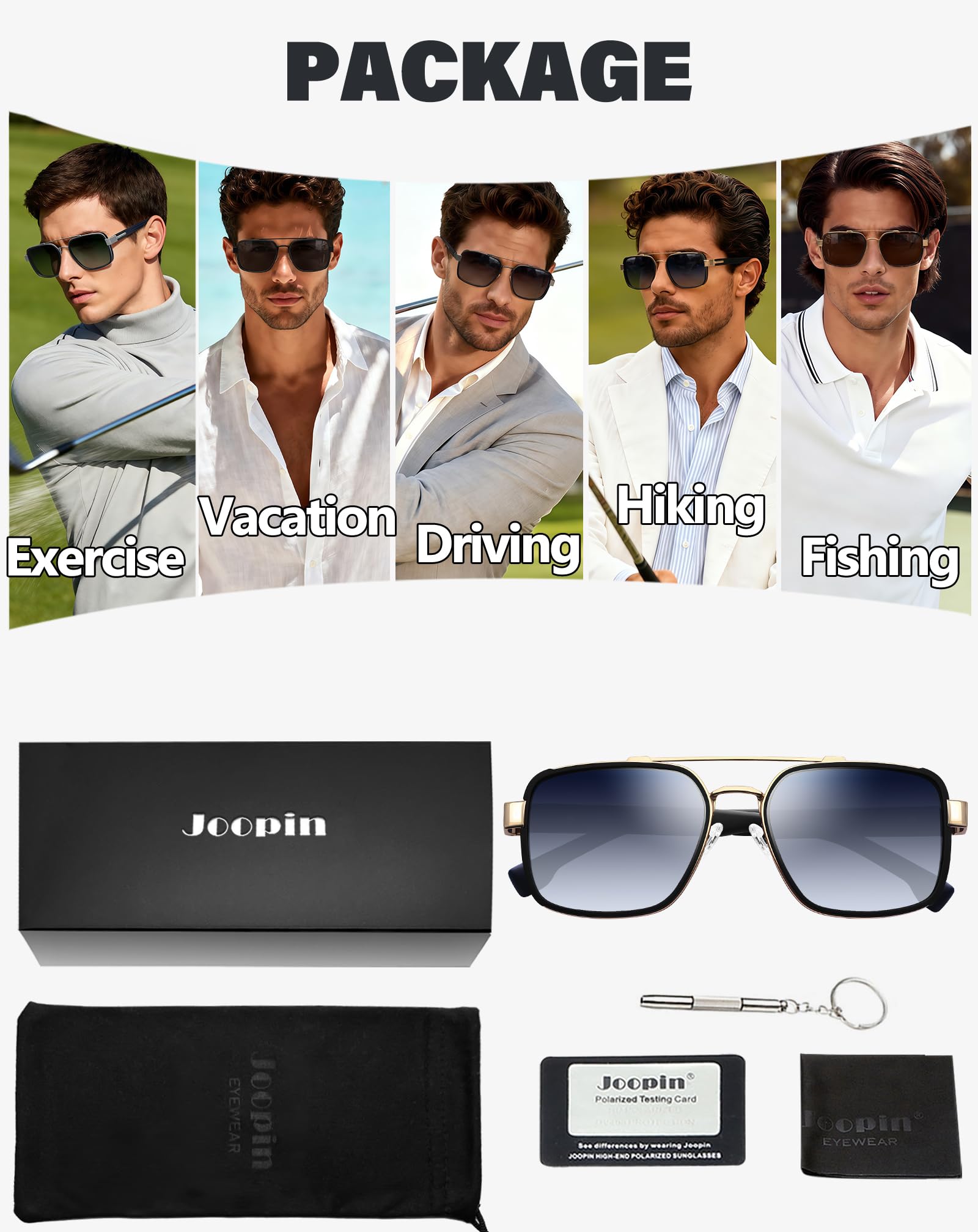 Joopin Lunettes de Soleil Polarisées Rétro Carrées pour Hommes et Femmes, Protection UV400, Double Pont, Idéales pour Voyage et Conduite