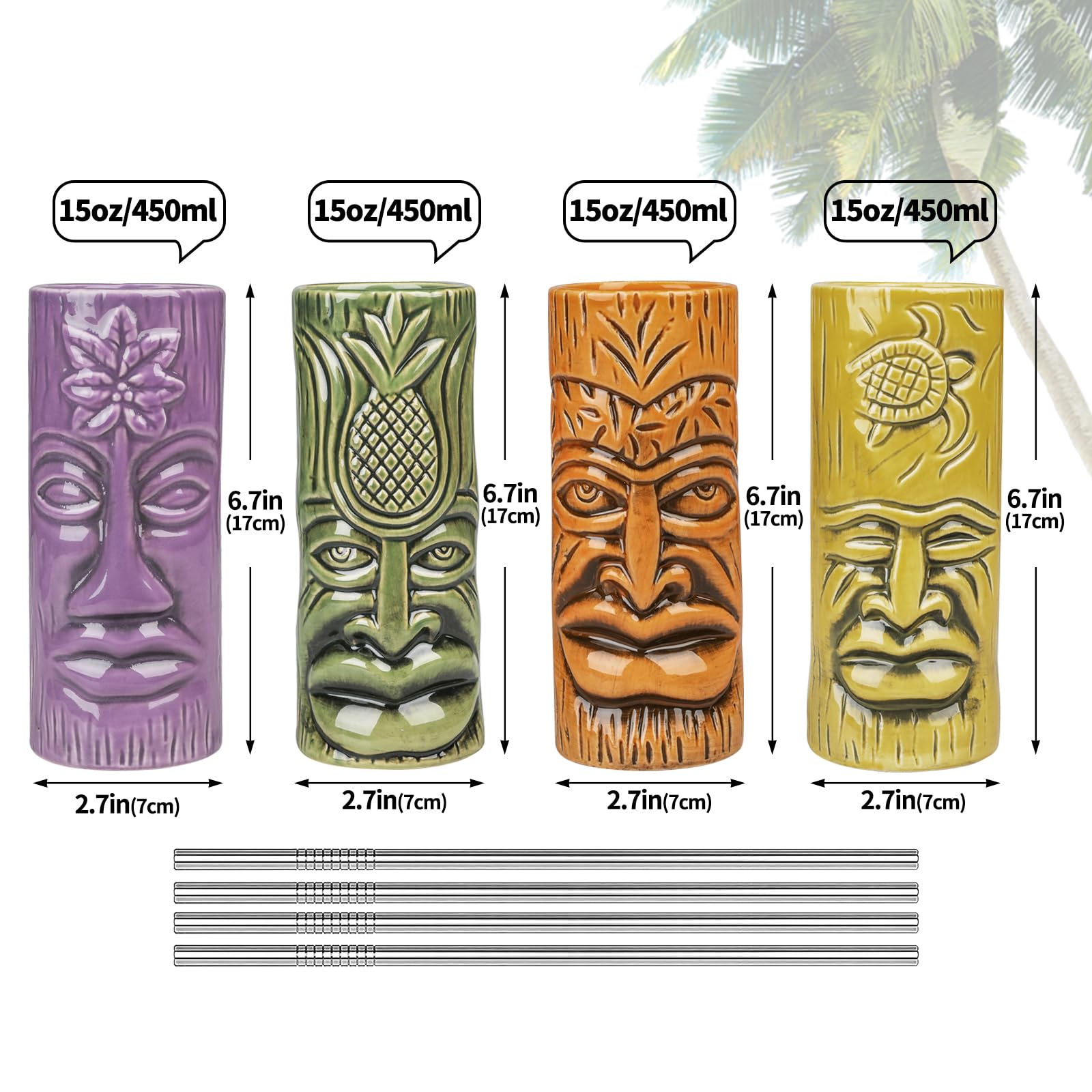 Tiki zestaw filiżanek, 4 sztuki, szklanki tiki do koktajli, duże tropikalne kubki ceramiczne z podstawkami, na Hawaje, Tiki, imprezę, koktajl, szkło, do baru, drinków, premium, tropikalne, egzotyczne