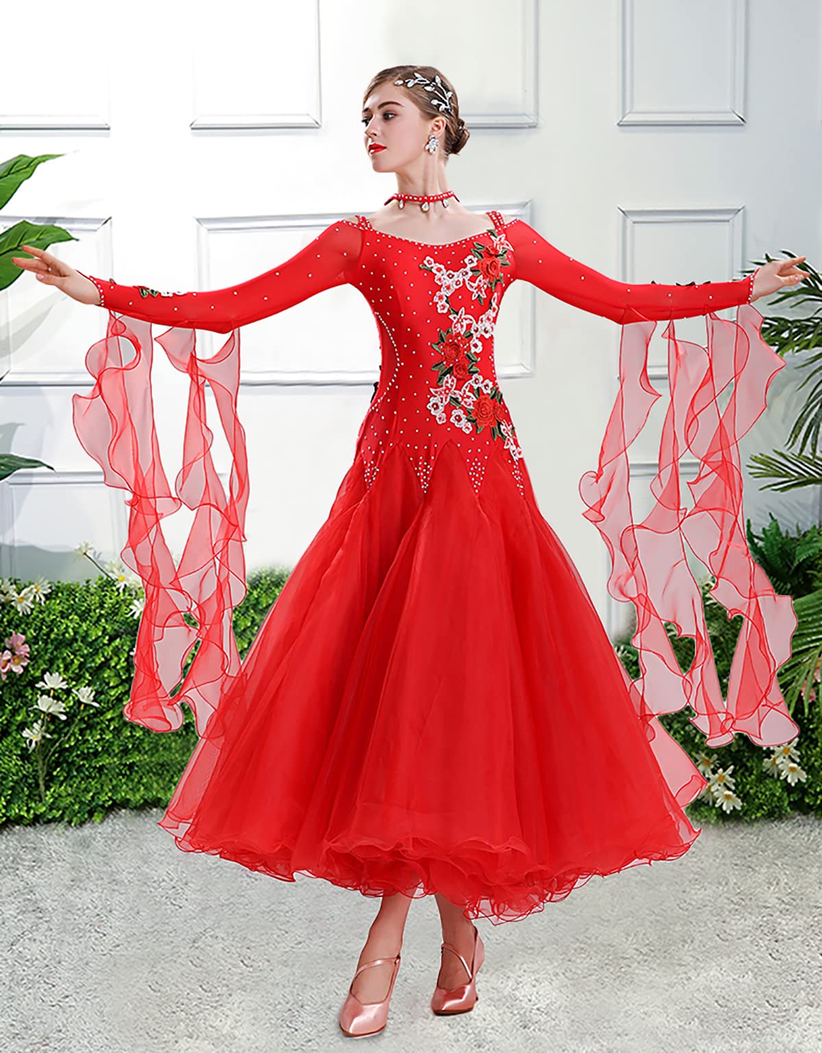 Kobiety?s Kostiumy do tańca lirycznego, Narodowy standardowy kostium do tańca, moda, seksowna sukienka, wiązana, solidna siatka, zwiewny tiul, impreza, elegancka sukienka, odzież performance (XXXL, czerwona)