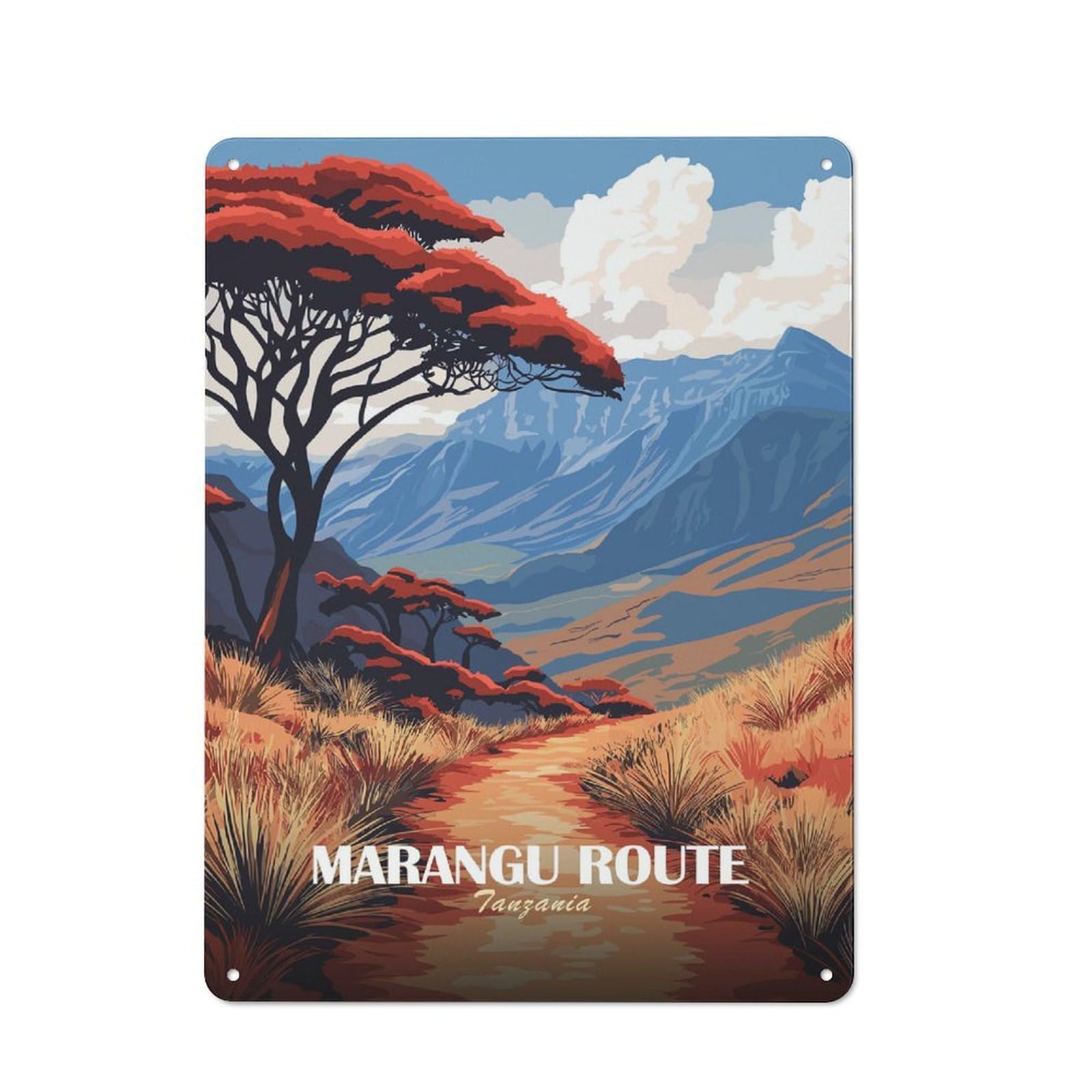 Junmoney Style-6 For Living Room Or Hallway, Marangu Route Tanzania Landscape Illustration Vintage Metal Sign 40X30cm, For Metal Sign Collectors, For Garage And Workshop Walls
