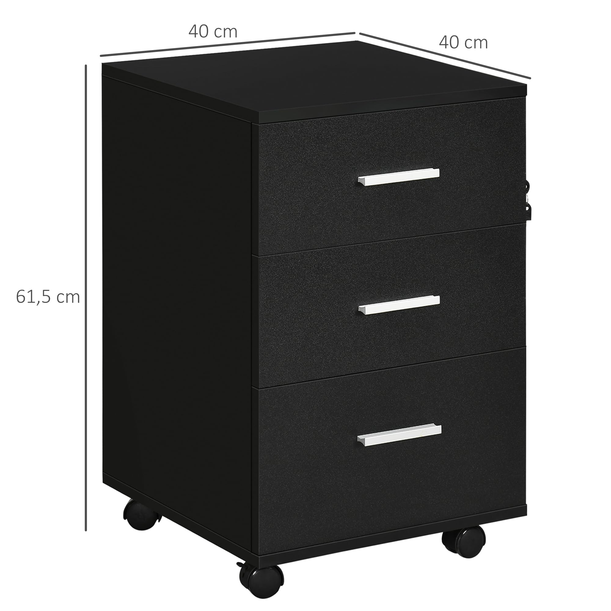 Vinsetto Caisson de Bureau sur roulettes 3 Tiroirs 40 x 40 x 61,5 cm Noir | Rangement Bureau, Tiroirs Verrouillables