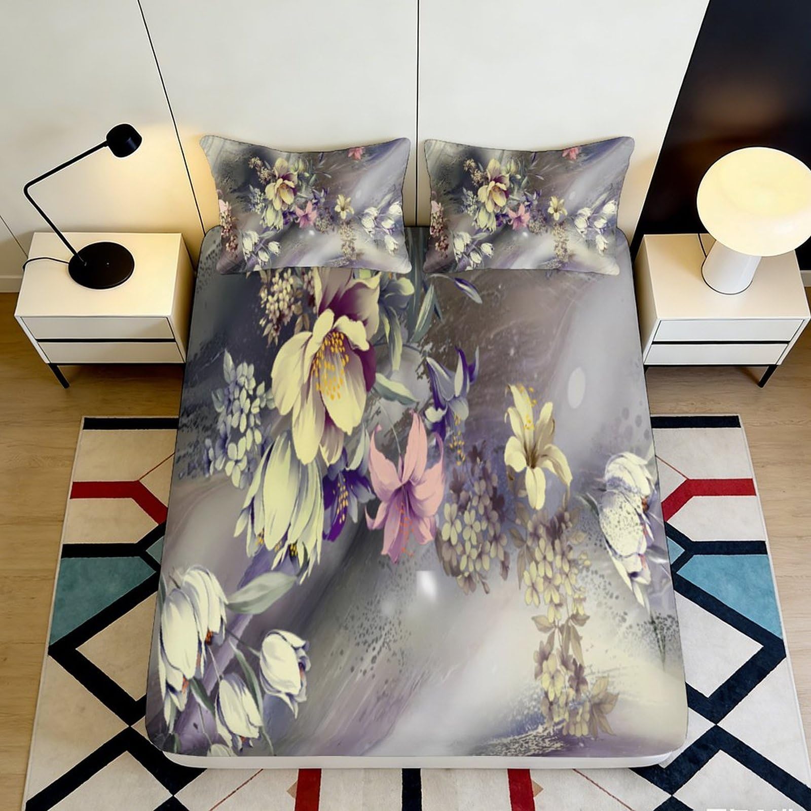 3D Printed Floral Fantasy Fitted Sheet Microfiber Soft Decor Yellow Purple Blossom Mattress Cover Bedroom Guestroom 90x200x25cm