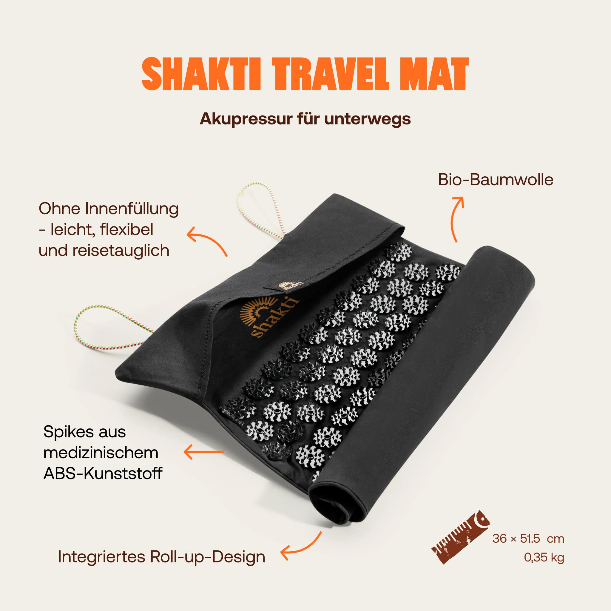 ShaktiMat [Das Original seit 2007] Travel Mat - Kompakte Akupressurmatte ohne Innenfüllung zur Entspannung für Rücken, Nacken, Füße, Ethische Handarbeit, GOTS-zertifizierte Bio-Baumwolle - Onyxschwarz
