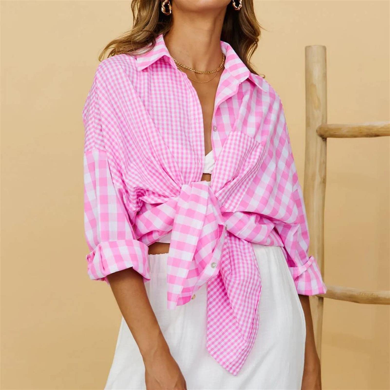 Camisas Mujer Otoño/Invierno Loose Fit Casual Plaid Shacket con Bolsillos Blusas de Solapa de Manga Larga Outwear (Pink L)