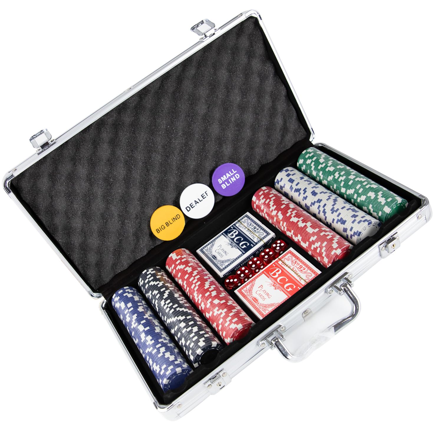various-Juego de 300 Piezas en Caja de Aluminio con fichas de póquer de 11,5 g, 2 Barajas de Cartas de Juego de Distribuidor de Botones Ciegos Grandes y pequeños y 5 Dados