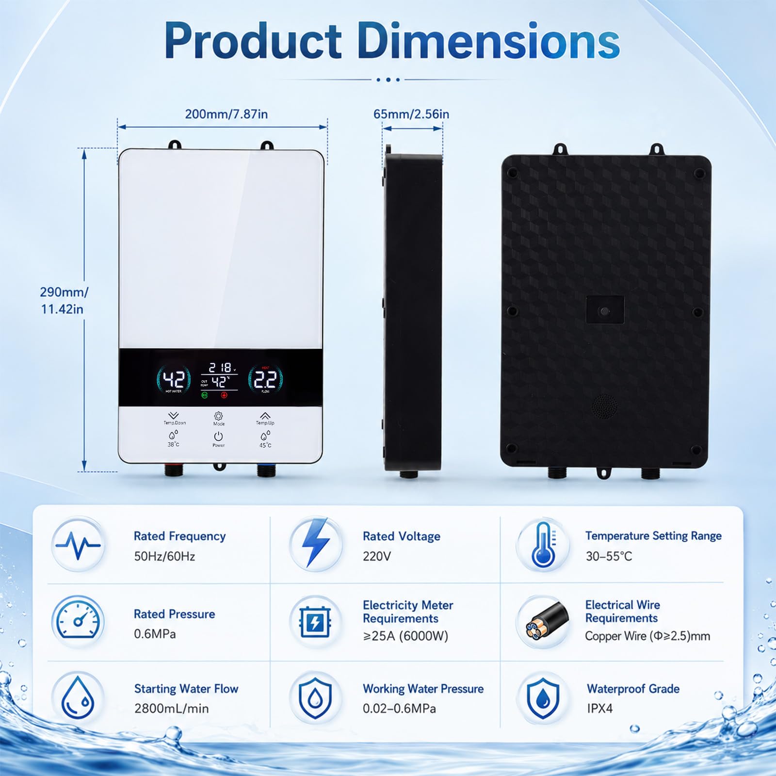 Elektrischer Durchlauferhitzer 6000W mit LED Display, Klein Untertisch Durchlauferhitzer mit Duschset 230V, Schnelles Aufheizen, Wasserdicht, Elektrischer Warmwasserbereiter für Küche und Dusche