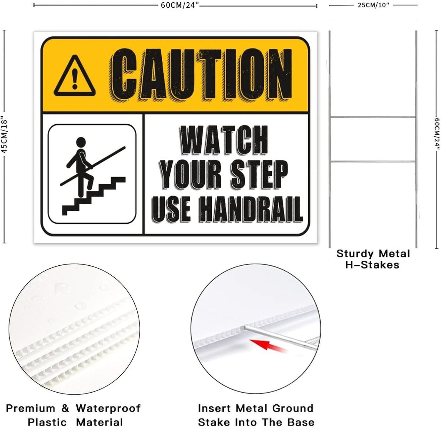 Caution Watch Your Step Use Handrail Yard Sign 18x24 Inch Weatherproof Farmhouse Warning Yard Signs for Home Outdoor Garden Street Road Farm Countryside Park Decoration