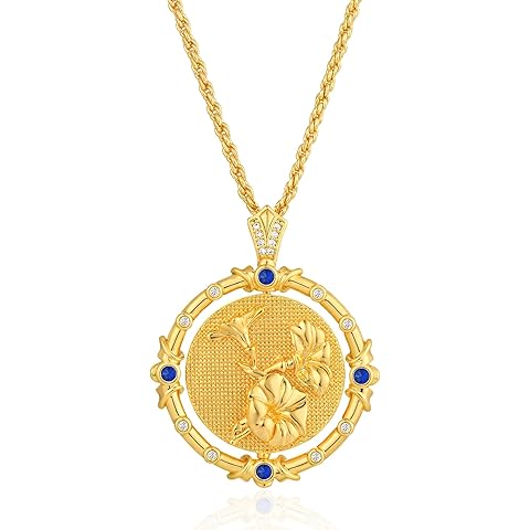 Fettero Gold Necklace for Women Birth Flower Necklace with Birthstone 14K Gold Plated Dainty Rotating Coin Pendant Necklace Personalized Birth Month Jewelry for Birthday Mother's Day Gift 12 Month