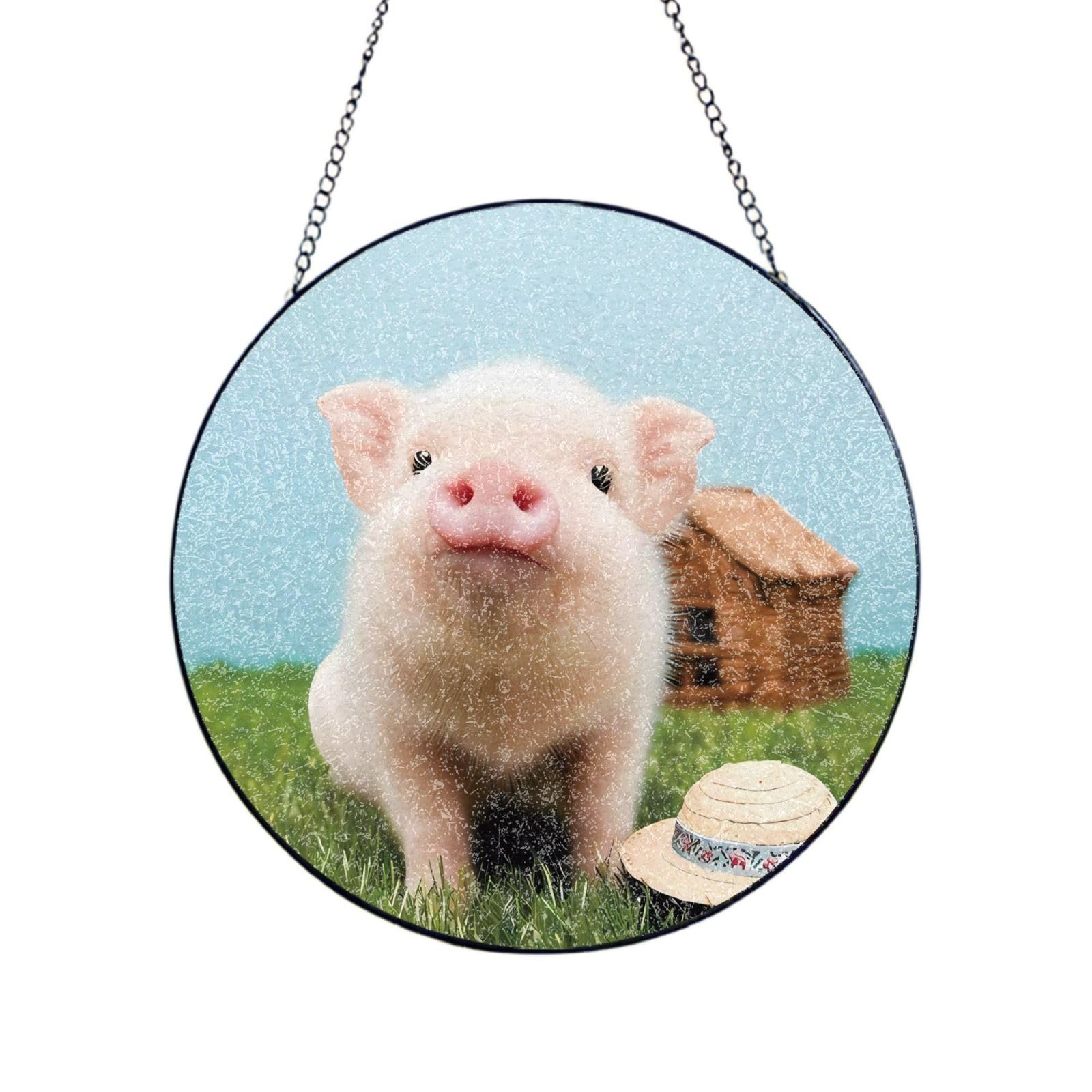 Phayah Cute Pig Print Glass Window Hanging Round Suncatcher Glass Ornament Garden Wall Fence Decorations Indoor Outdoor 12in（30cm）