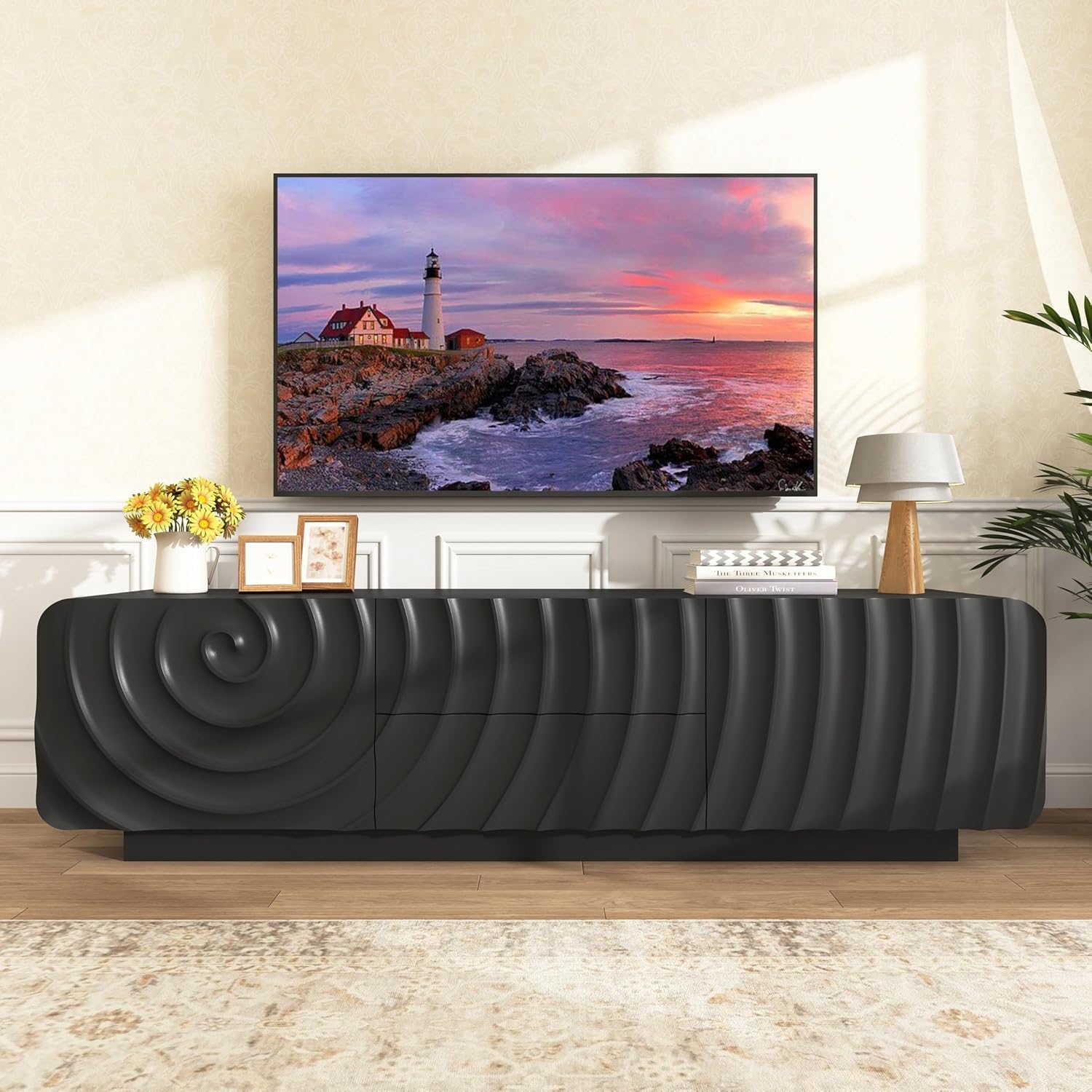 TV stand for 65'' TV , Media Console Table with Storage Cabinet, Spiral Wave Design,Low Profile Credenza for Living Room,Entertainment Center Television Stand with Curved Corner for Bedroom,Black