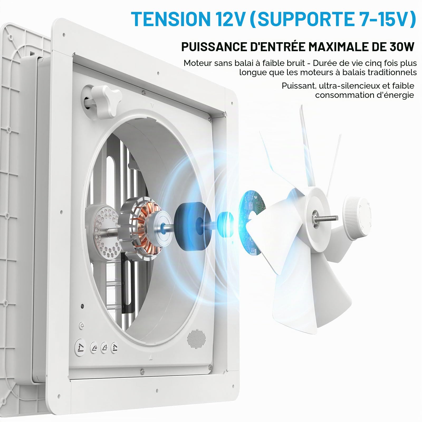 2012 Ventilateur de Toit 12V(24V Max) pour Camping-Car, Lanterneau 400 mm avec Télécommande, Flux d'Air Réversible, Ventilation Ultra Silencieuse, Couvercle Transparent Anti-UV
