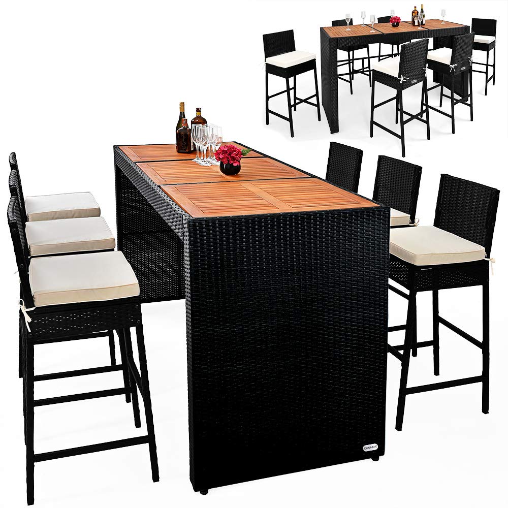 CASARIA Set de Mesa Alta y 6 Taburetes de Bar con Cojines de Asiento de Madera de Acacia Poliratán Negro Muebles de jardín
