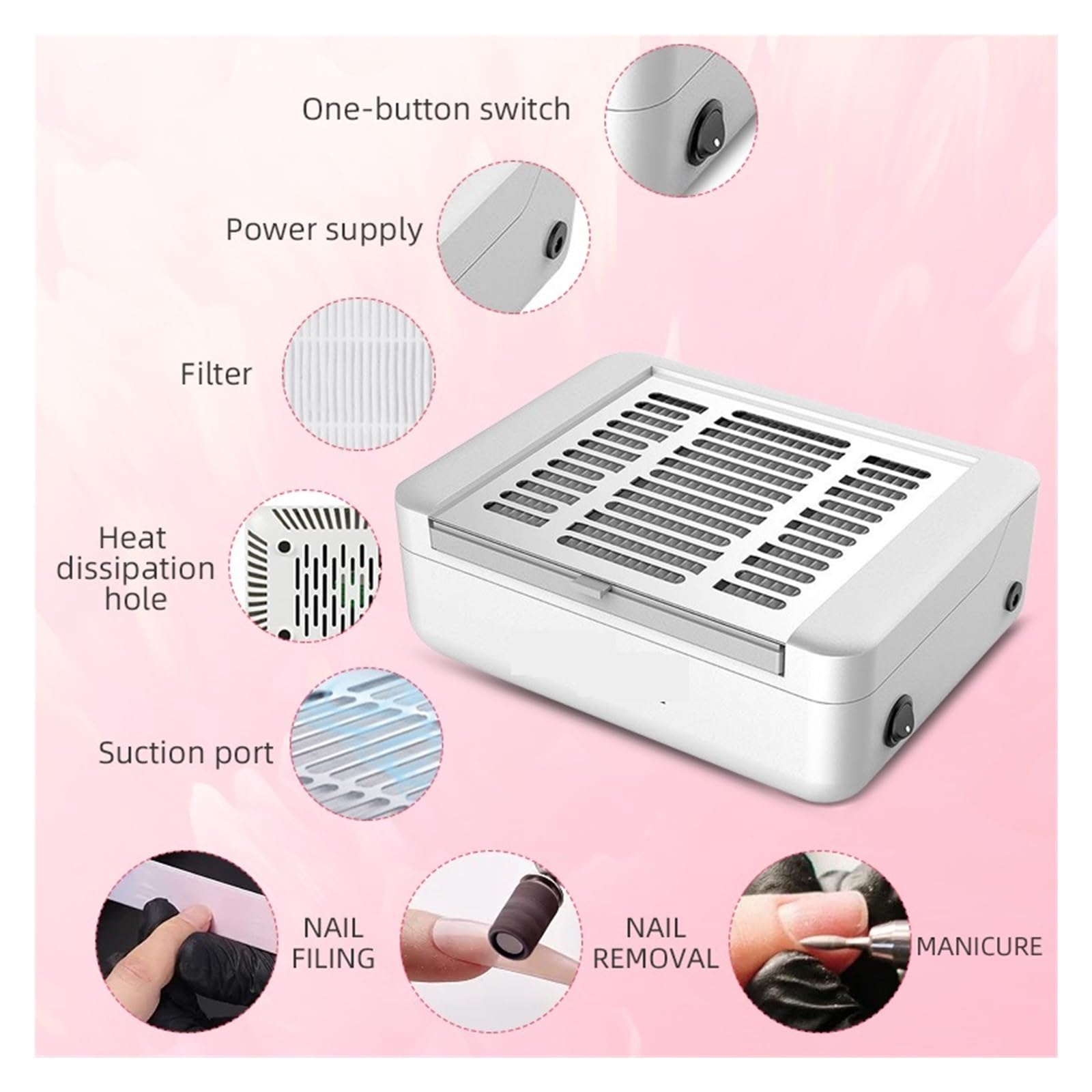 MRKU Aspirateur à poussière pour Ponceuse à Ongles avec Filtre Lavable, Silencieux et Puissant, 40 W, pour manucure et Vernis Semi-Permanent. Idéal pour Le Retrait des Vernis Semi-permanents.