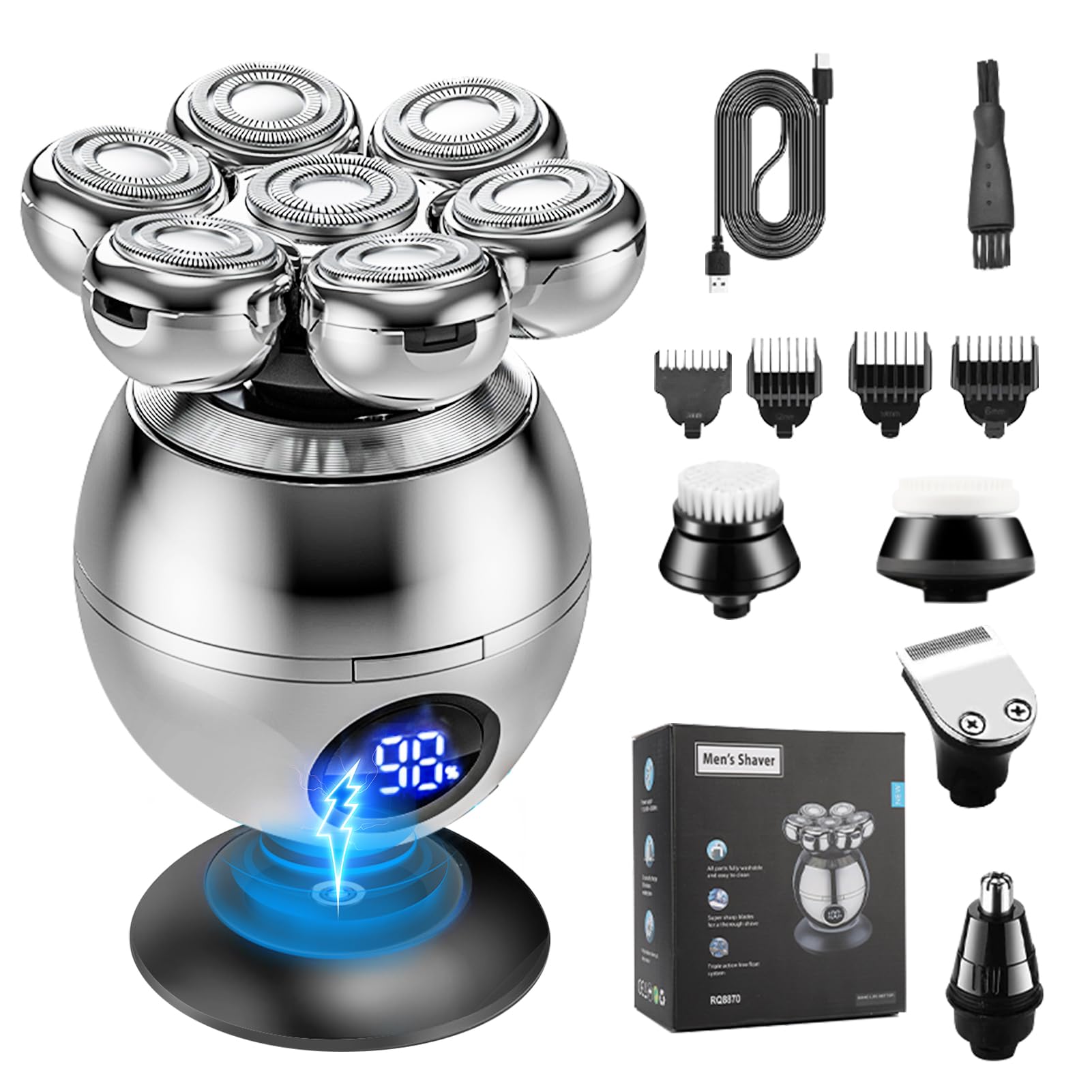 Skull Shavers for Men, 7D Bald Head Razor, 6-in-1 Wet & Dry Rotary Shaver, IPX7 Waterproof Electric Clipper With LED Display, Rechargeable