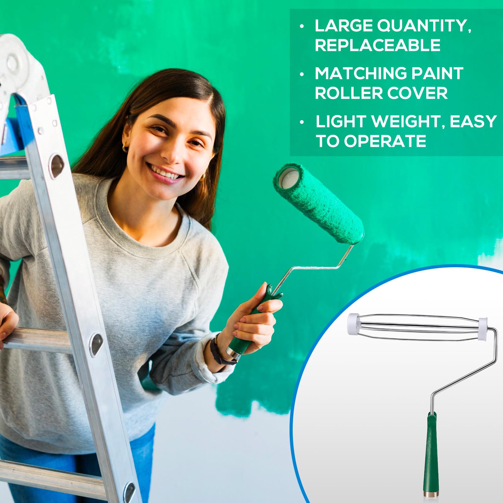 Gerrii Lot de 12 rouleaux de peinture de 22,9 cm avec 5 pinceaux métalliques pour murs et maisons (vert)