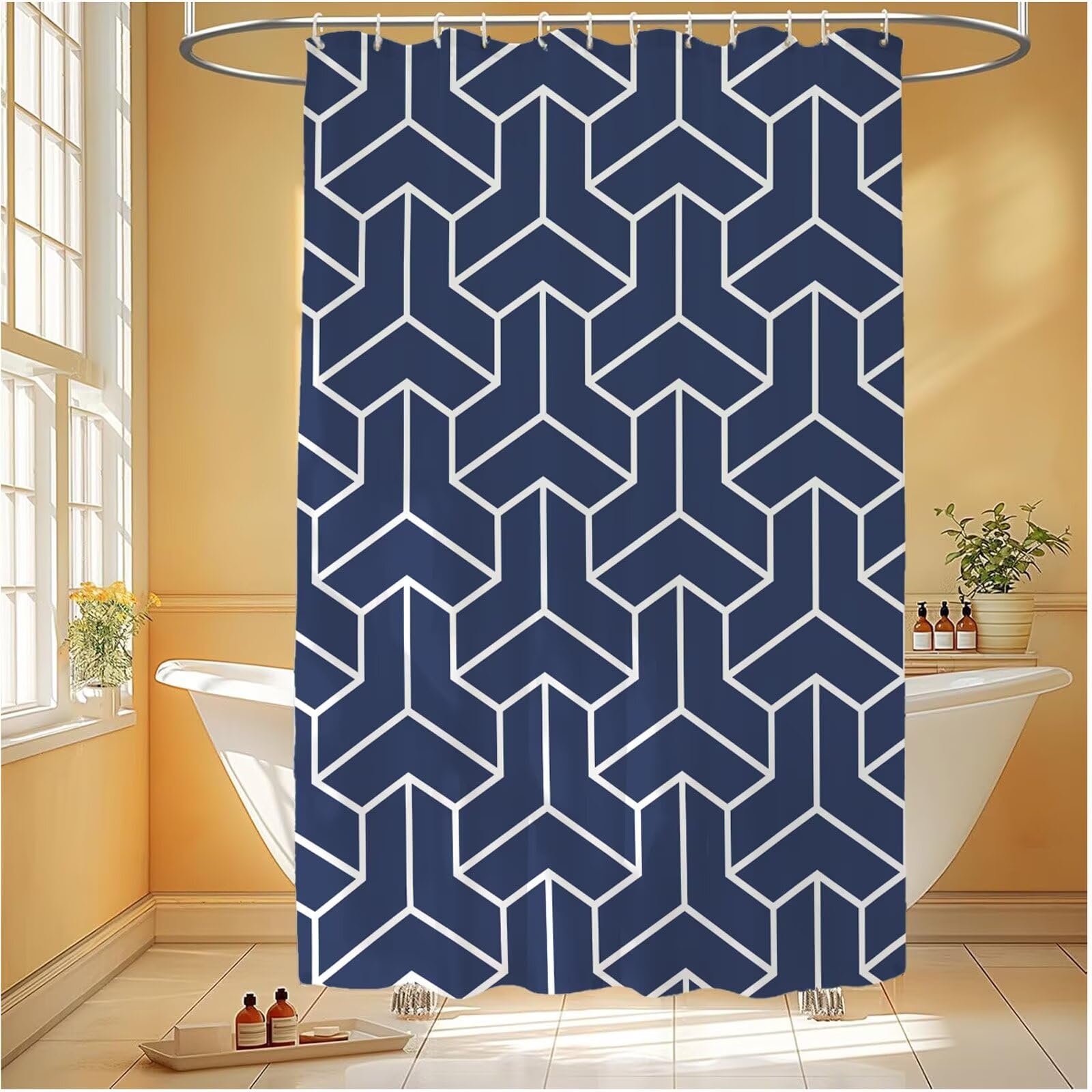 Rideau de douche bleu marine géométrique pour décoration jardin et intérieur