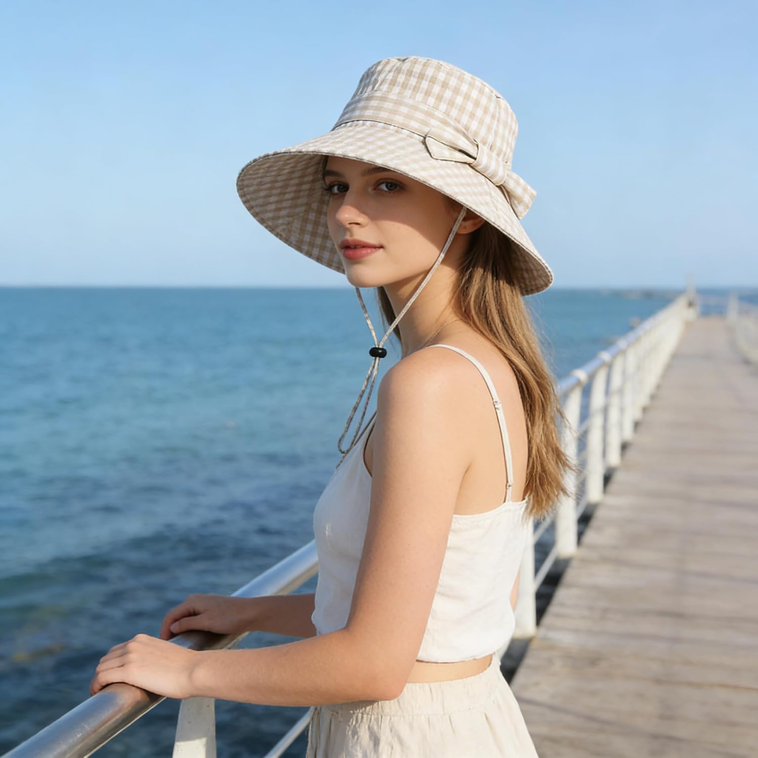 Women's Cotton Plaid Sun Hat, UV Protection Wide Brim Fishing Hat Summer Beach Outdoor Cap