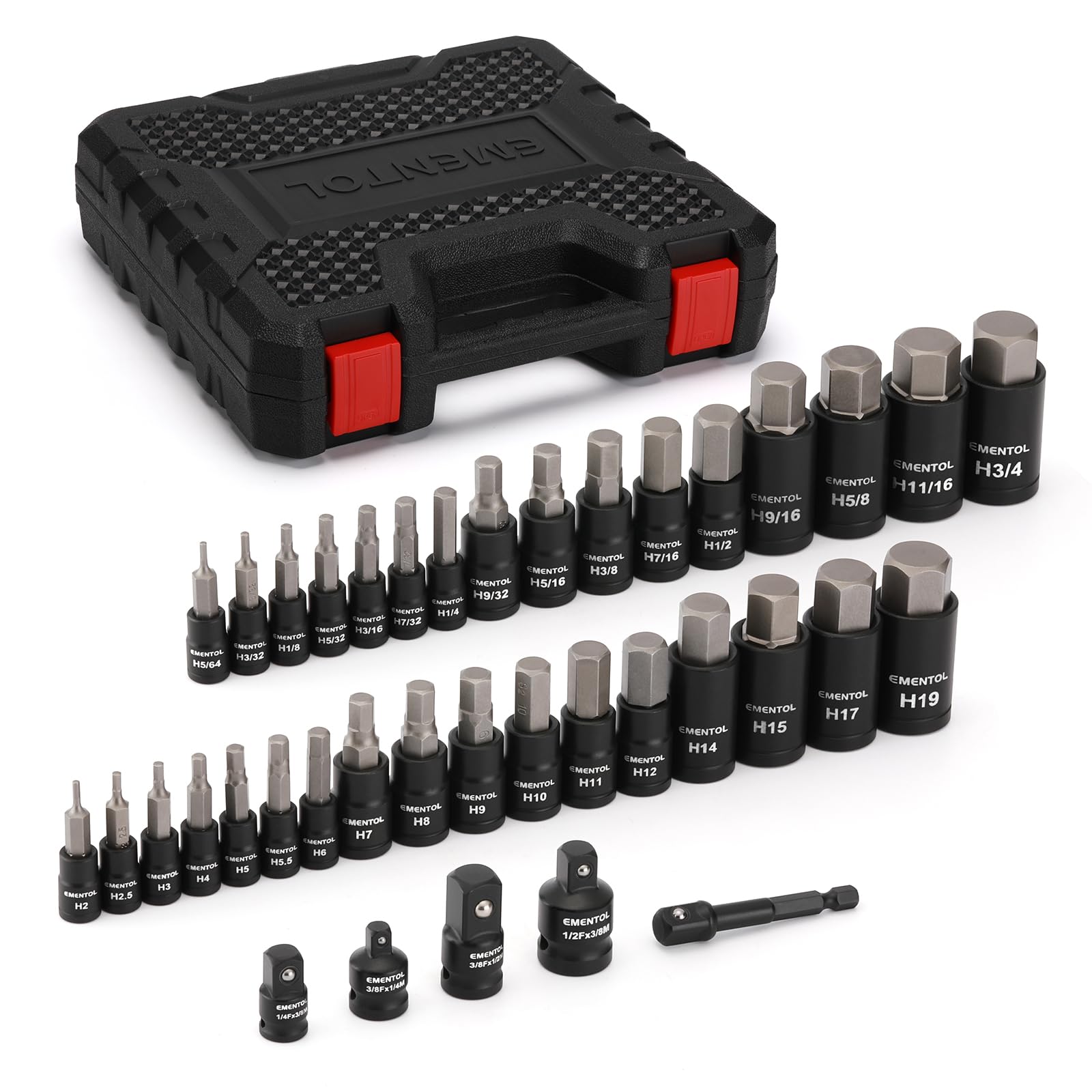 EMENTOL 38PCS 1/4" 3/8" 1/2" Drive Allen Hex Bit Socket Set, SAE/Metric, Includes Power Drill Adapter, Socket Adapters, 2mm - 19mm, 5/64" - 3/4"
