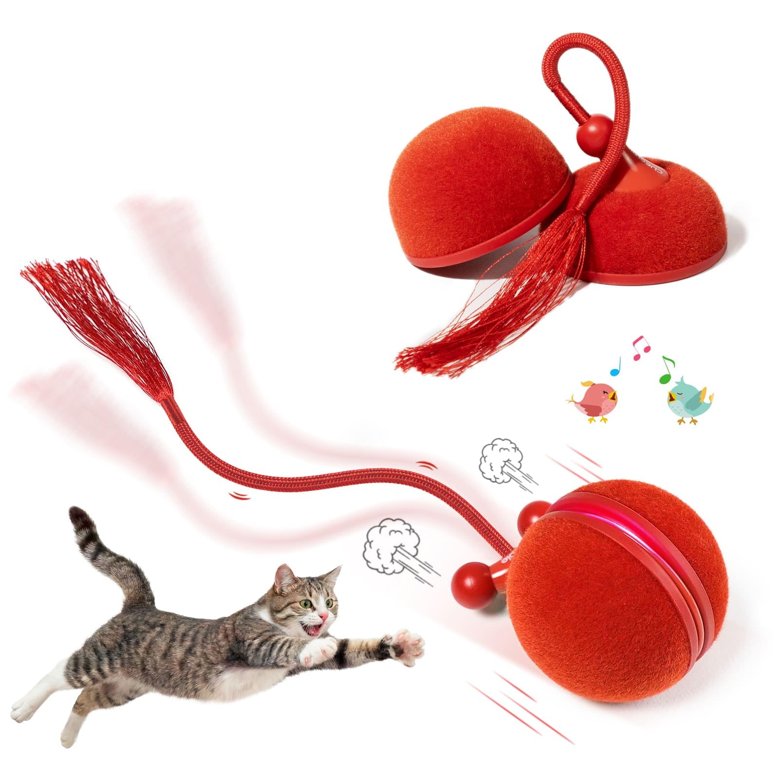 Cheerble 2 in 1 Interaktives Katzenspielzeug, Wicked Ball Duo2, Rot | Elektrisch rollender Katzenball und Kreisel mit 3 Modi & 6 Kombinationen, Zwitschern, LED-Lichtern, Perfektes für Katzen