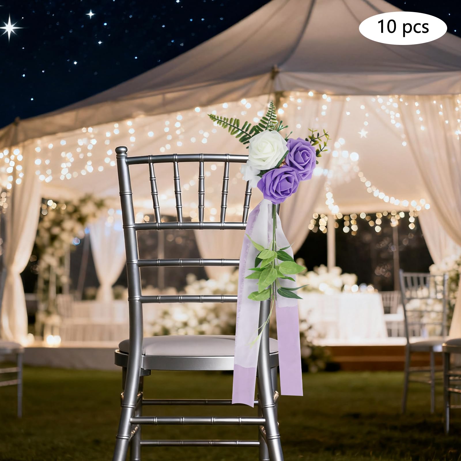 10 PCS Hochzeit Stuhl Blumenschmuck | Blumenschmuck mit Bändern für die Hochzeit Zeremonie Stuhlschleife Dekoration 75cm Für Hochzeitstisch Tischdeko Event Party ﻿ (Weiß+Grün+Violett)