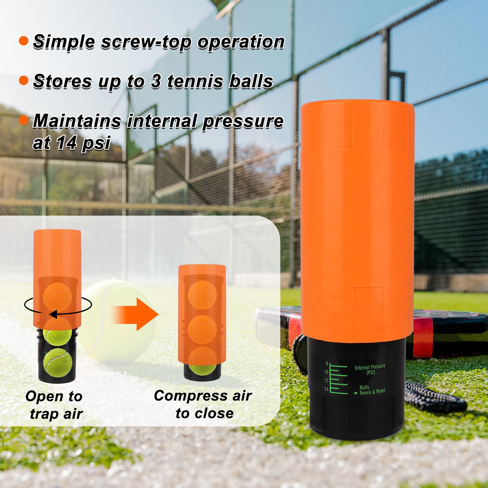 Contenitore Pressurizzatore per Palle da Tennis, Contiene 3 Palline Camera Pressione 14 PSI per Palline Tennis Risparmiatore Contenitore Ermetico Mantiene Rimbalzo Fresco Riutilizzabile