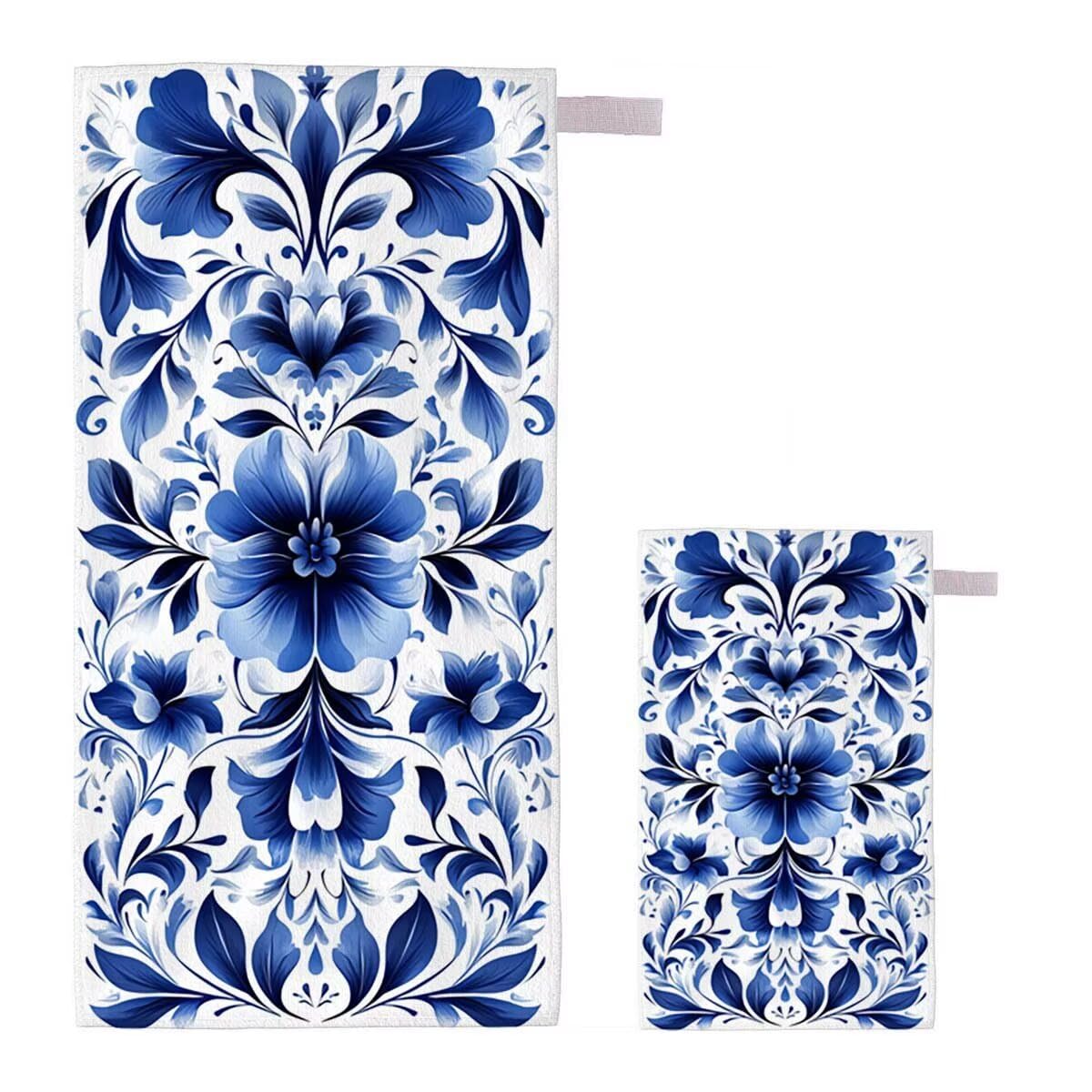Telo Mare XXL 220x100cm/35x70cm, 2 Set Telo Mare Microfibra Fiore Asciugamano Palestra Uomo, Antisabbia, Leggero, Asciugatura Rapida, Teli da Spiaggia Grandi Accessori per Camping Natation Yoga E-31