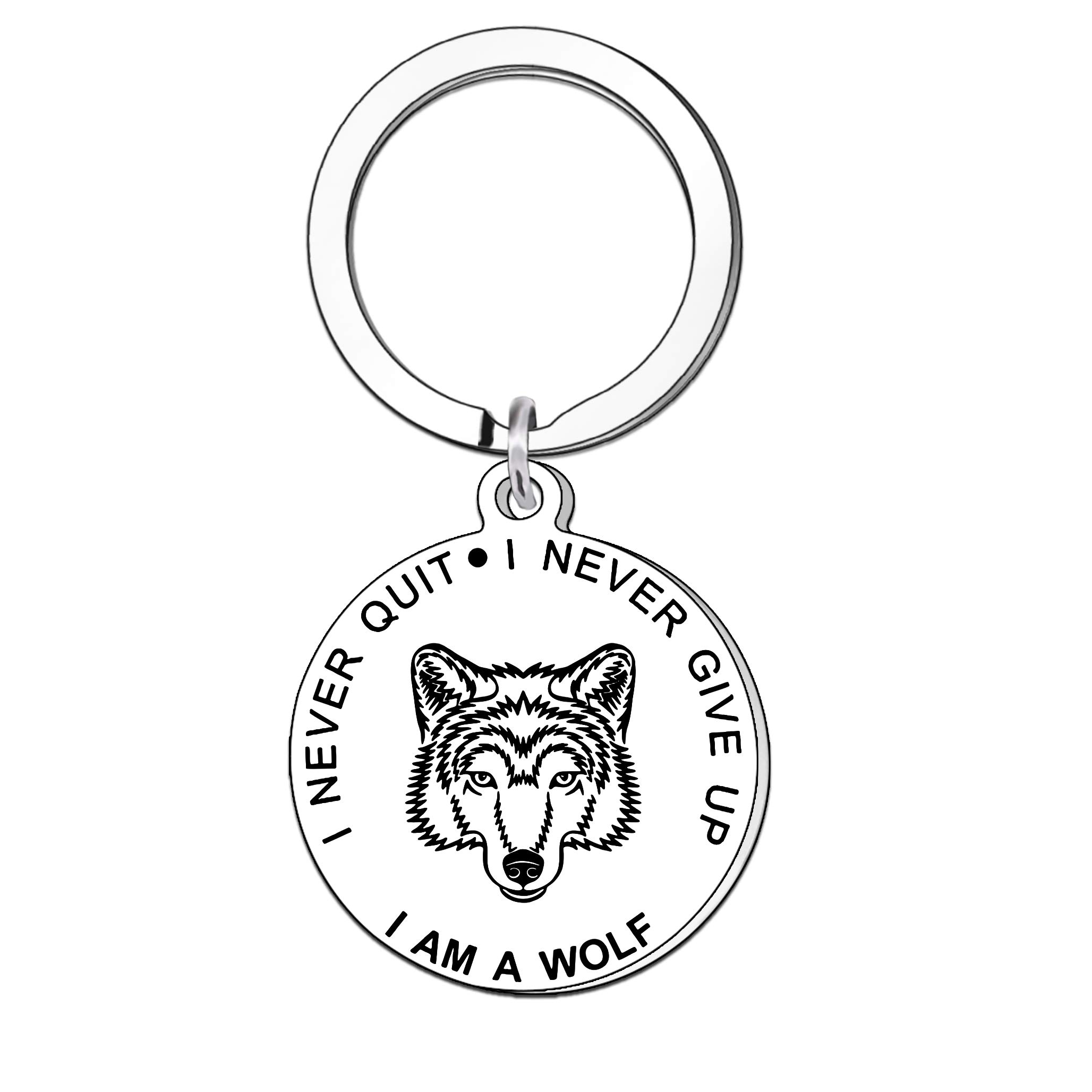 Qmvmv Women's Silver Wolf Keyring Inspiratinal Gifts Key Chain Saying I Never Give Up Never Quit For Men Teen Girls Daughter Son Sister Best Friend