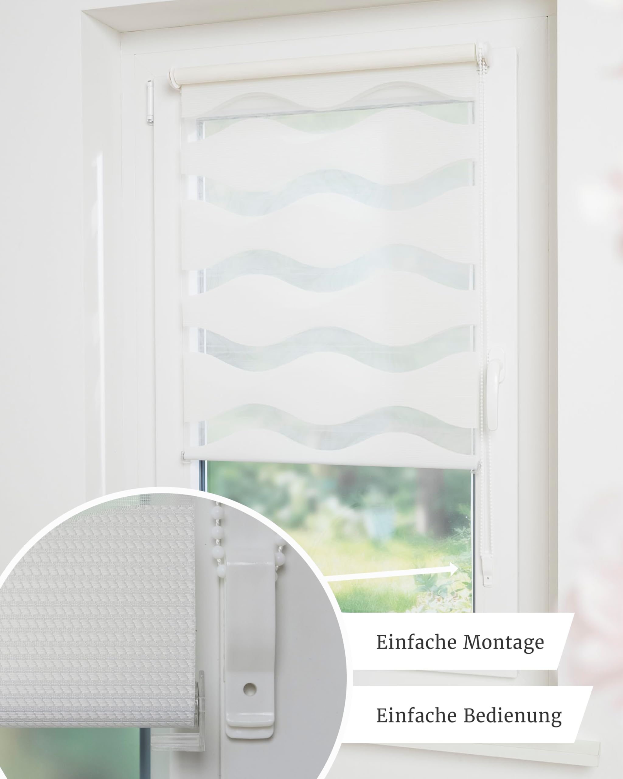 by Garesa Duo Rollo - Doppelrollo Klemmfix ohne Bohren 100 x 150 cm, Weiß Wellendesign - Fenster Sichtschutz und Lichtschutz, Mit Kettenzug
