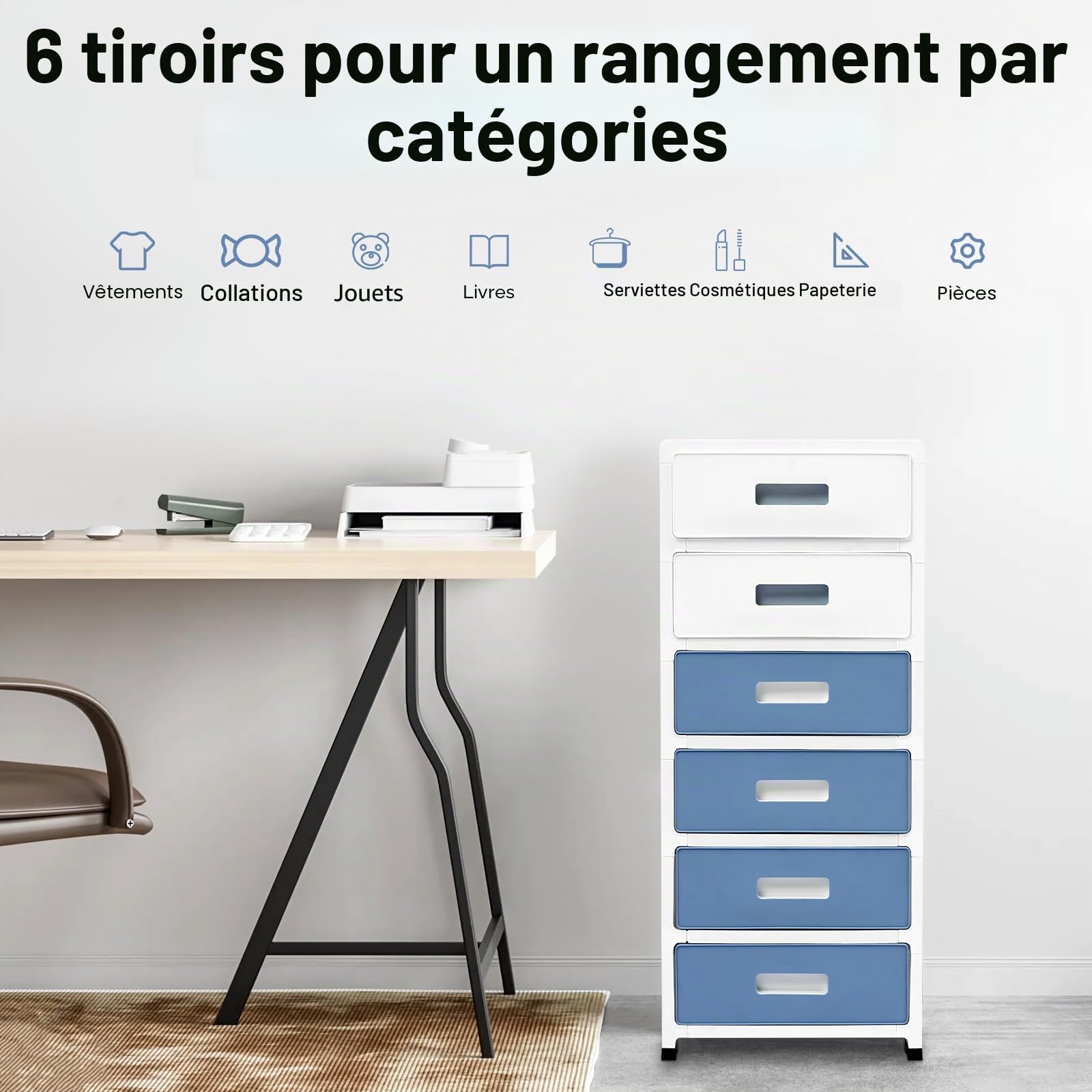 Meuble de rangement à 6 tiroirs, en plastique, avec roulettes, tour de rangement avec tiroirs et roulettes pour chambre à coucher, bureau