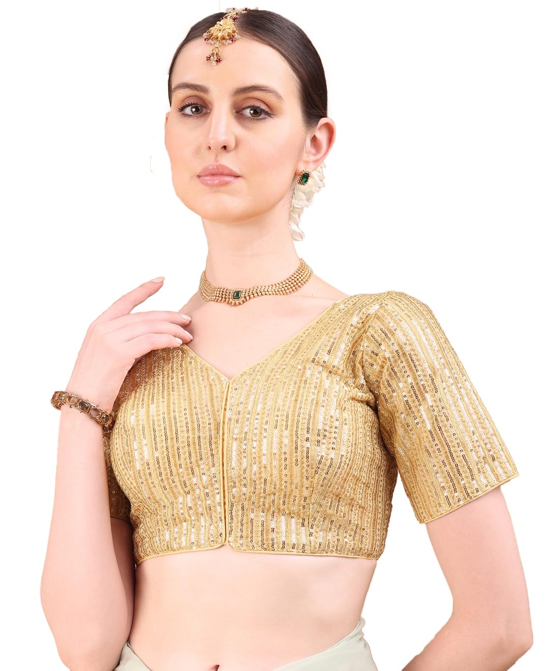 Pujia Mills Women's Indian Ethnic Wear Designer Sequence With Matching Thread Embroidered Work V Neck Half Sleeve Readymade Padded Saree Blouse Readymade Unique Gold Color Saree Blouse