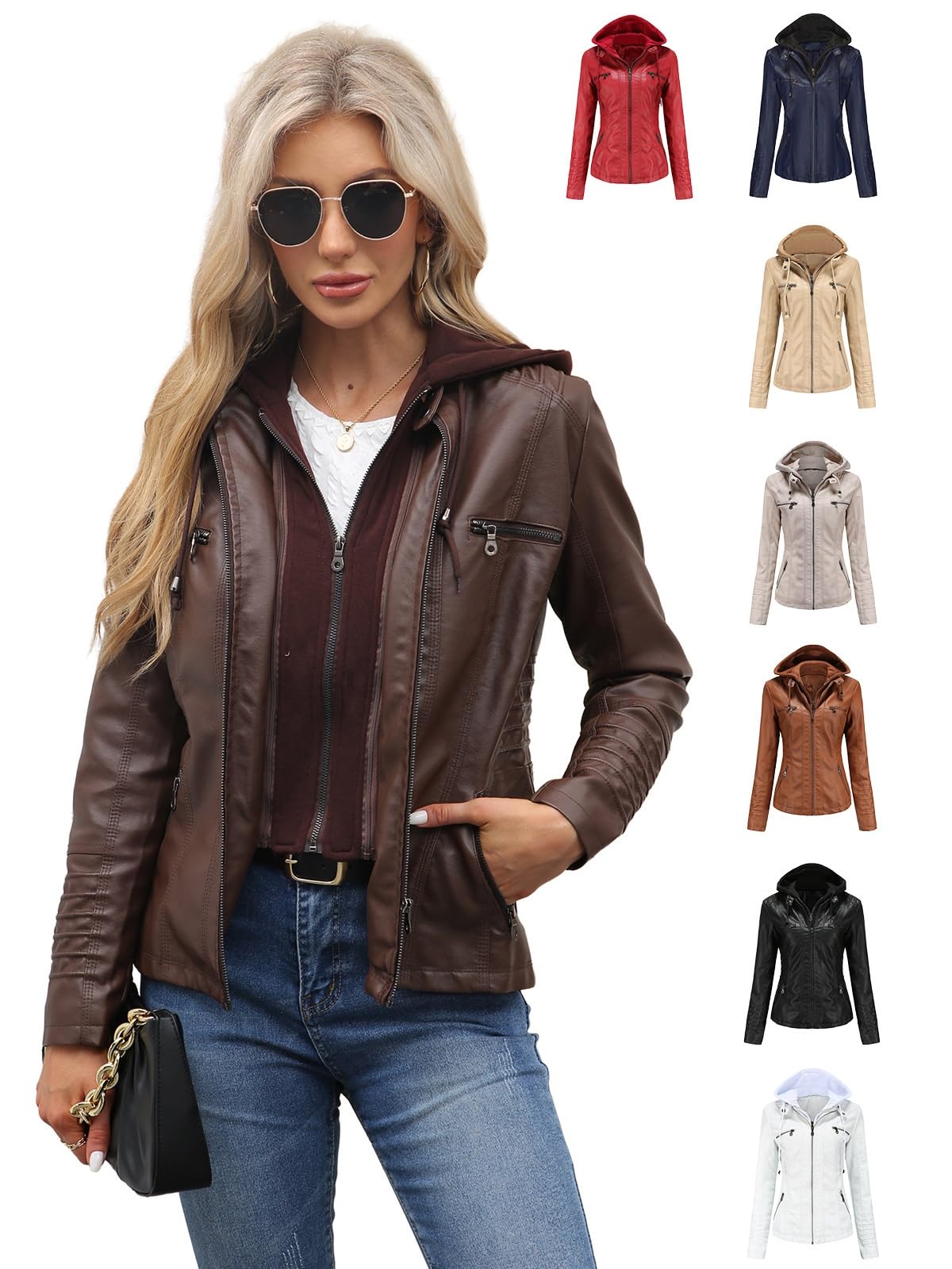 Chaqueta De Cuero Estilo Motero For Mujer De Motociclista con Cremallera De Motociclista con Capucha, Abrigo Parka De Transición Desmontable, De Transición, Tallas Grandes(Blue,S)