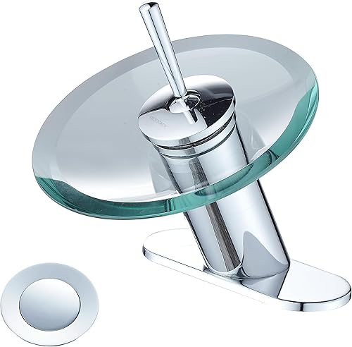 Grifo de lavabo de baño en cascada de vidrio de latón macizo, una manija, un solo agujero, tapón de drenaje para fregadero con desbordamiento,