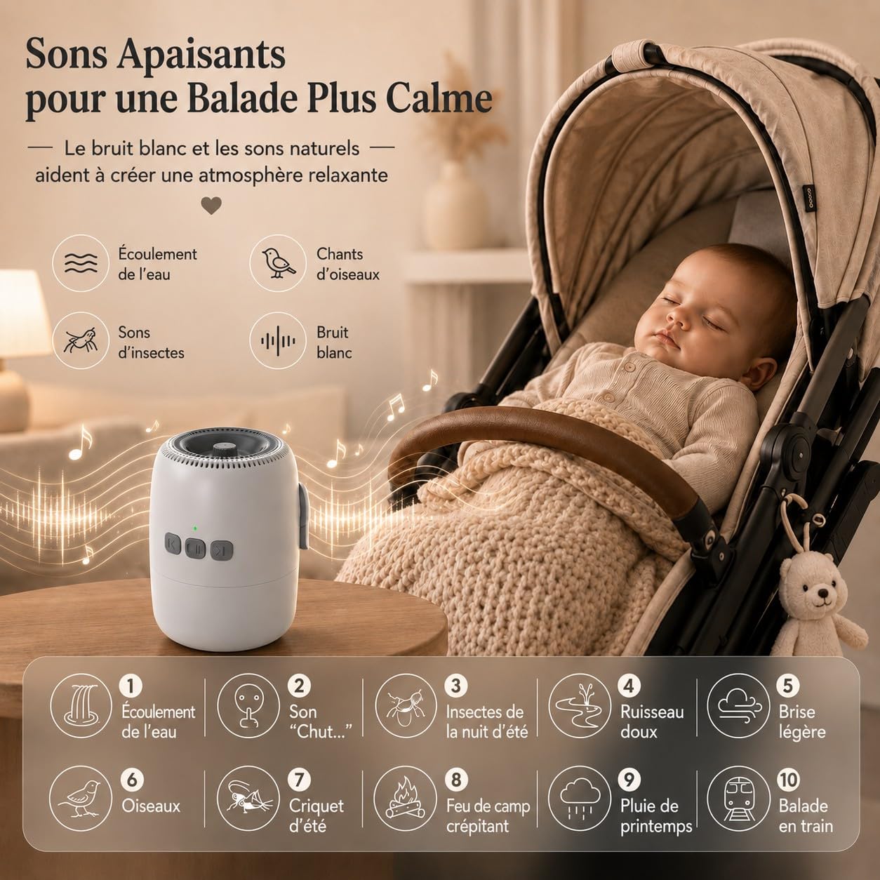 Baby Rocker, Bercement Poussette avec 5 Niveaux de Balancement et 10 Sons Apaisants, Accessoire Poussette Rechargeable USB-C, Support Double Réglable pour Maison Voyage Promenade