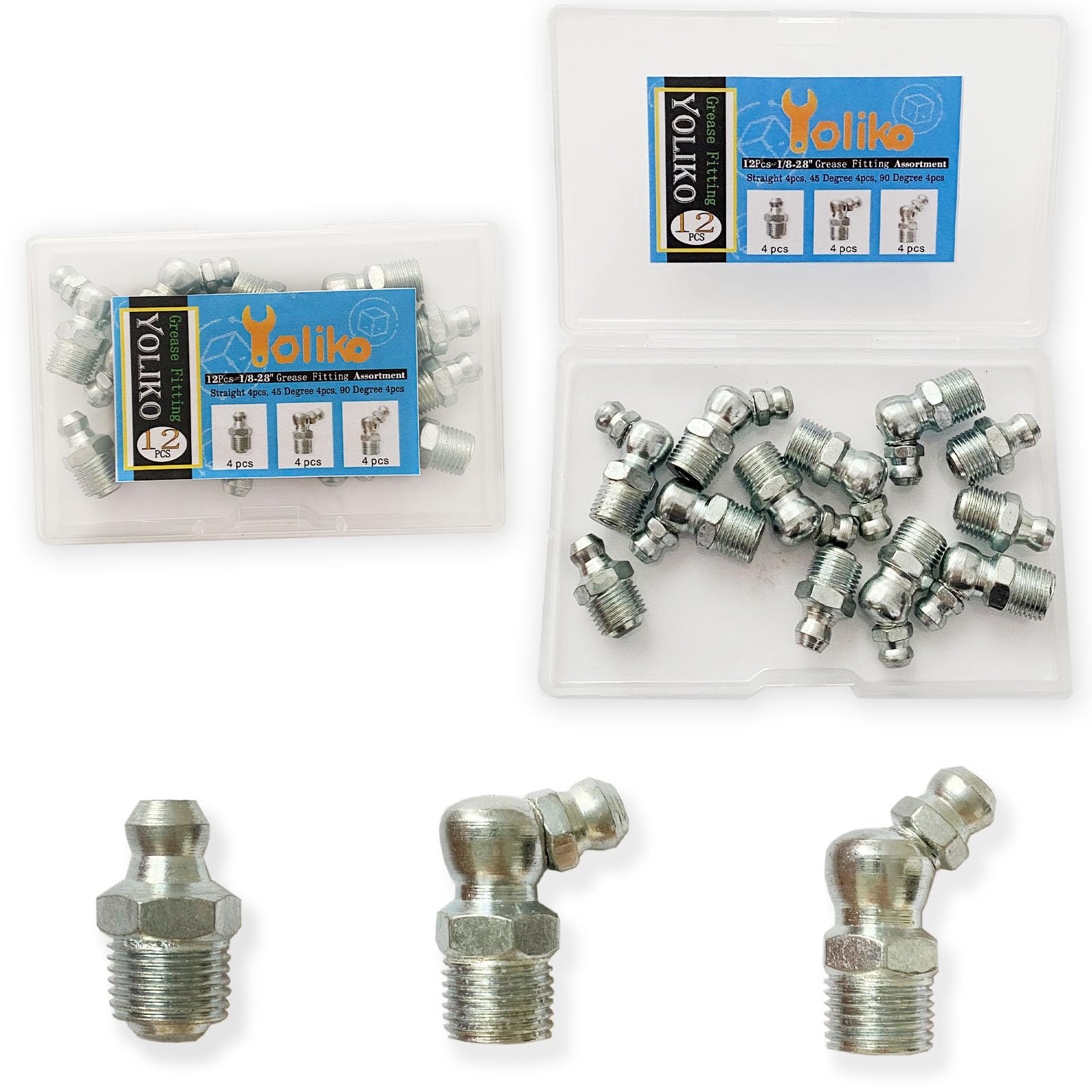1/8"-28 12Pcs Grease Fitting Assortment - Straight 45 &amp; 90 Degree Grease Zerk Fittings, Galvanized Steel, Industrial/Agricultural Machinery