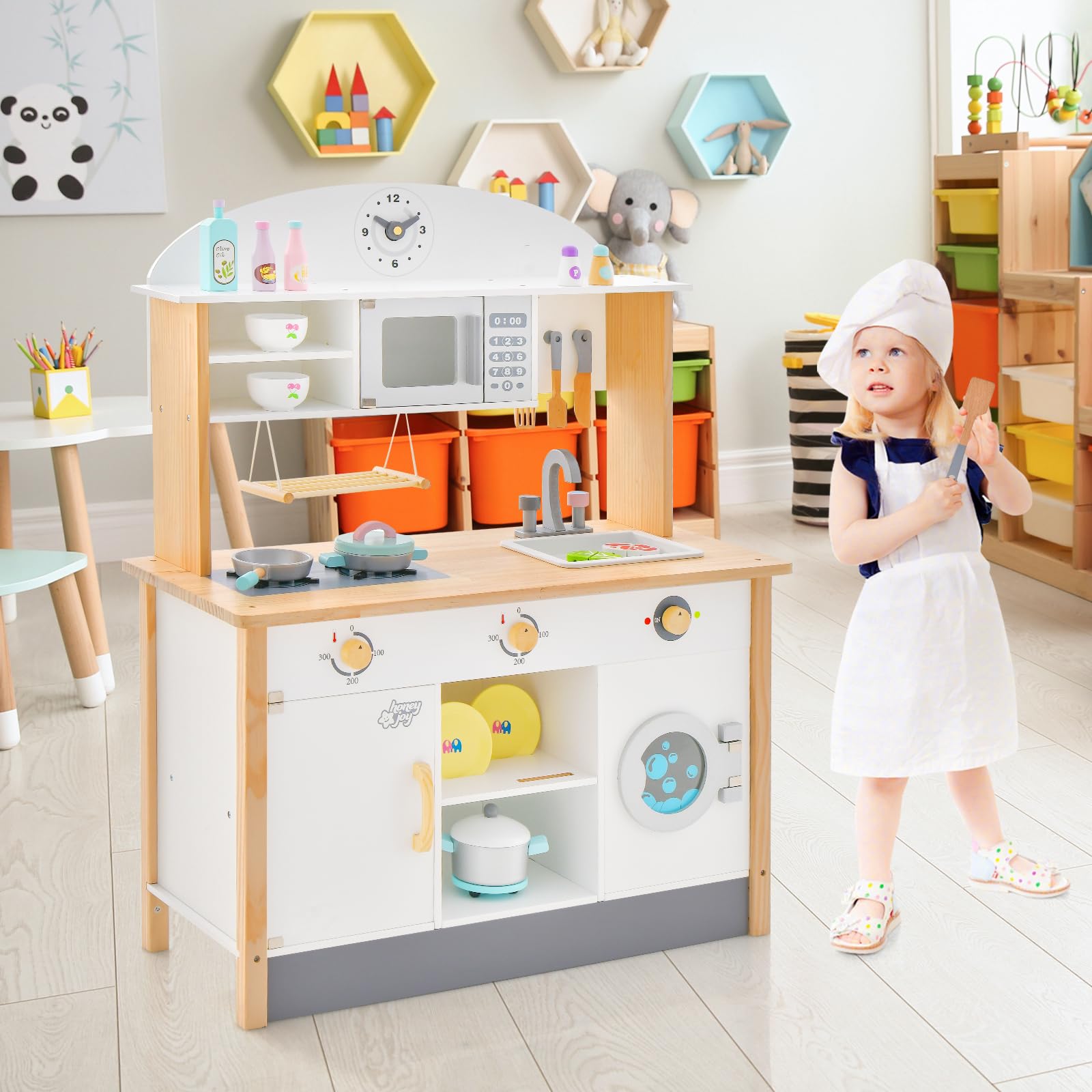 GOPLUS Kinderküche mit Spielzubehör, Spielküche mit Backofen, Mikrowellen, Wasserbecken & Waschmaschine, Stabiler Spielzeugküche mit offener Fächer und Schränke, für Kinder ab 3 Jahren