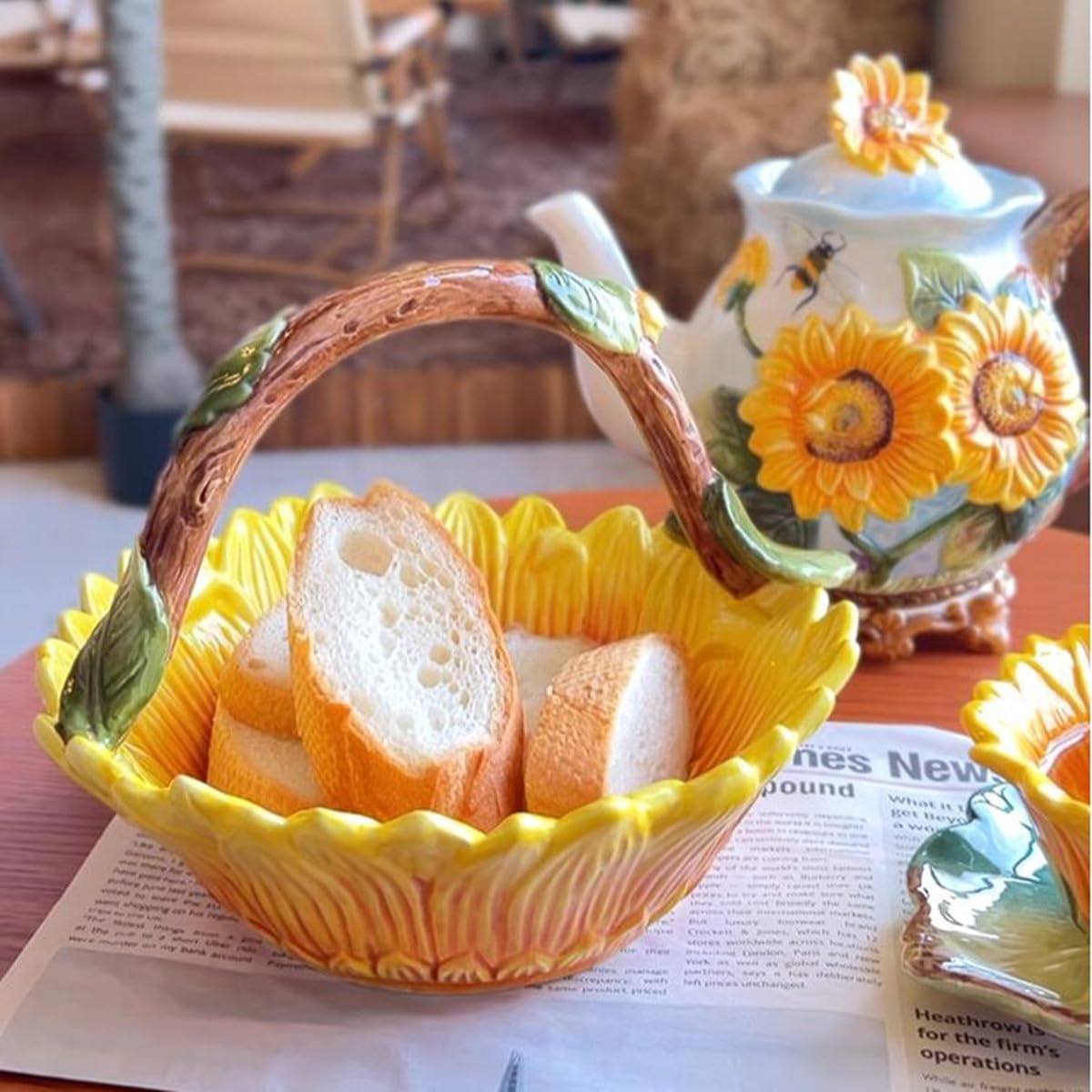 Ceramic Sunflower Fruit Hand Basket, Snack Bowl, Hand Painted Art Tabletop Home Décor -8.5 inches (Yellow)
